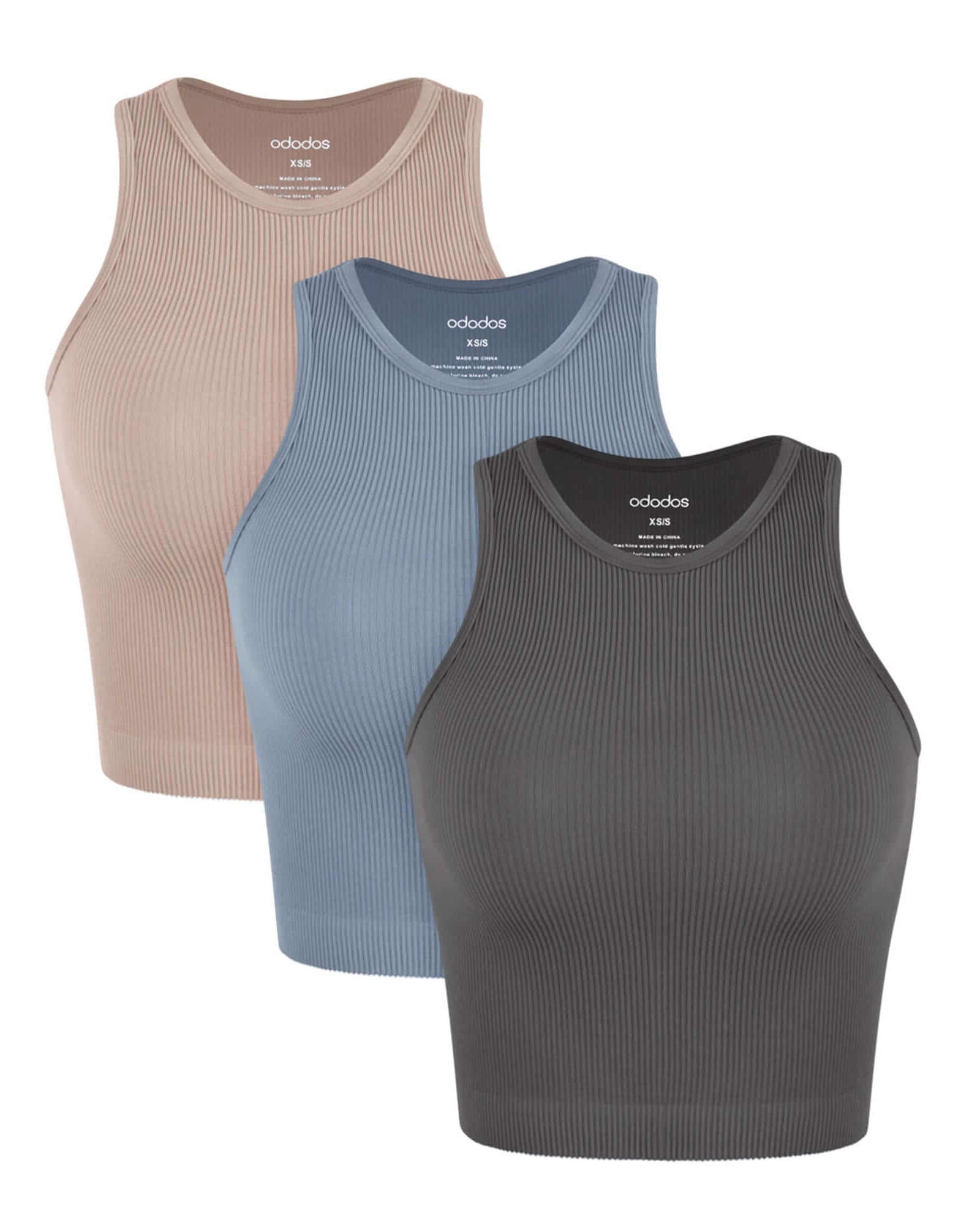 3-Pack Seamless Ribbed High Neck Tank Tops Charcoal+Dusty Blue+Bark - ododos