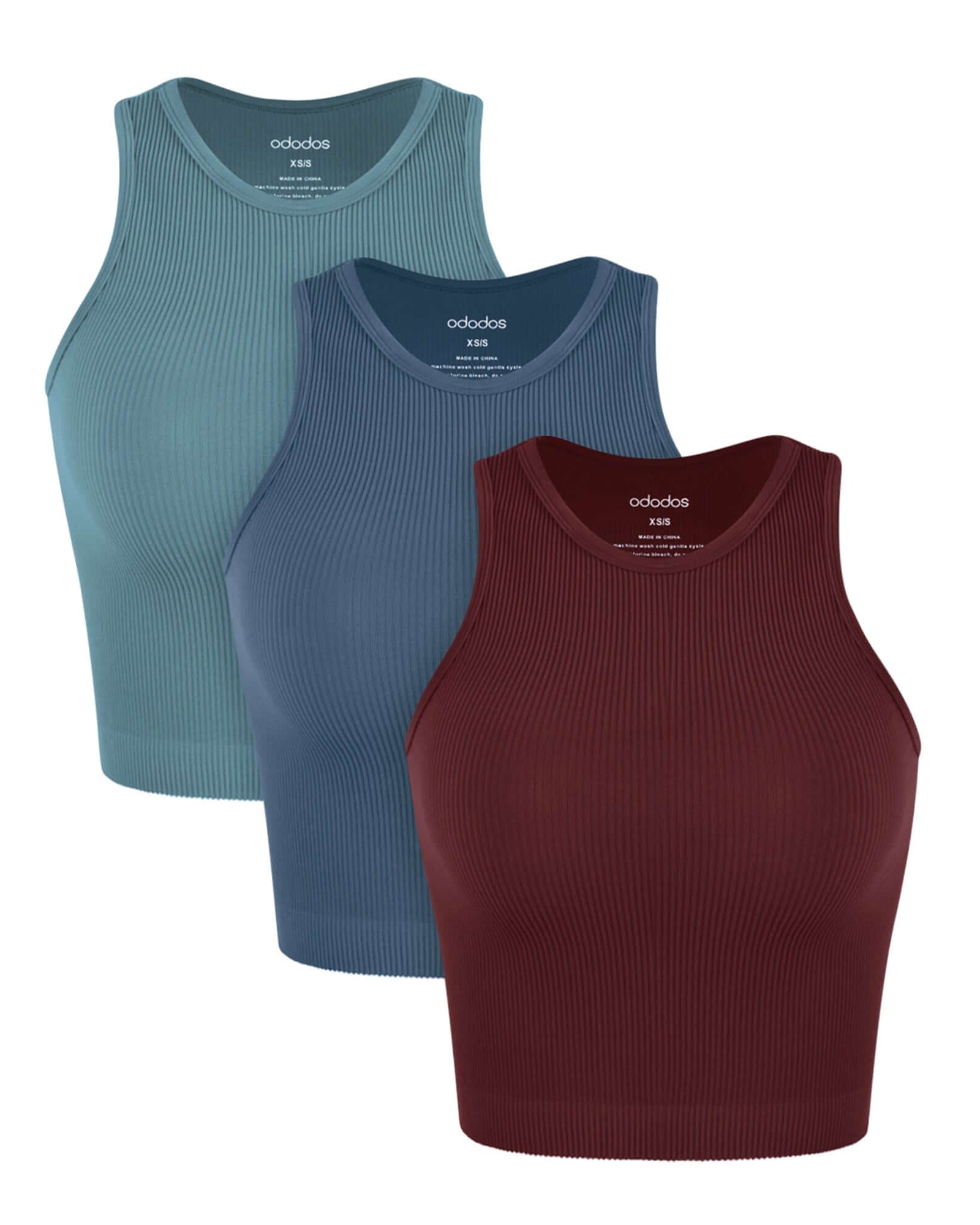 3-Pack Seamless Ribbed High Neck Tank Tops Claret+Ocean+Sky Blue - ododos