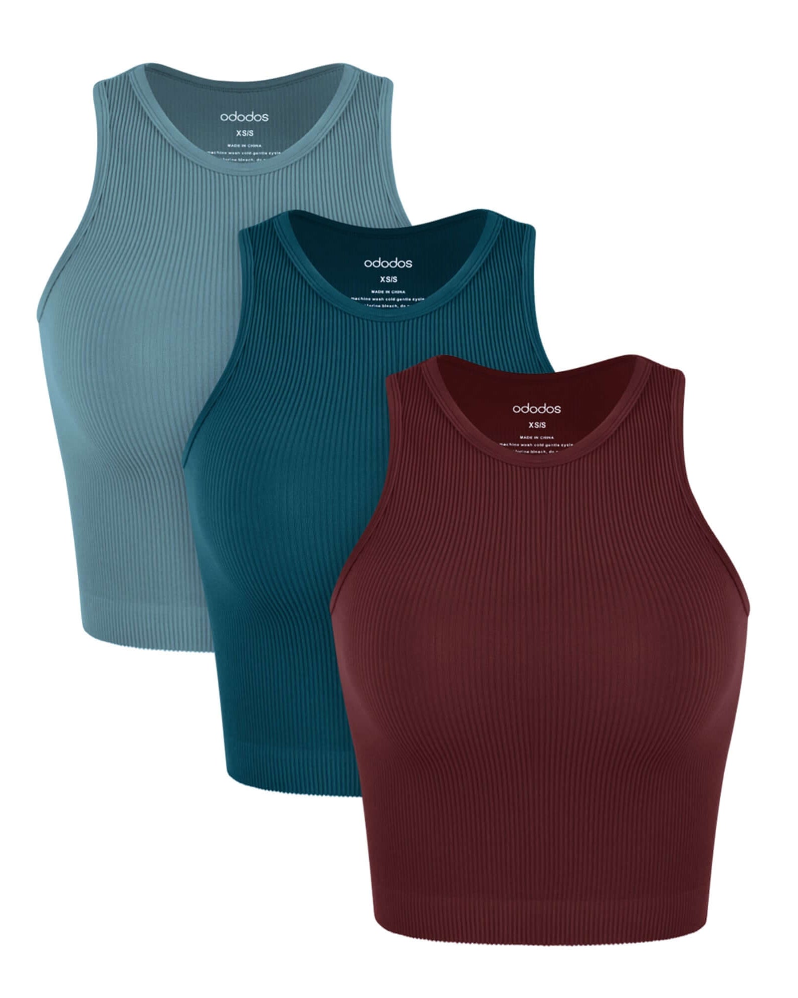 3-Pack Seamless Ribbed High Neck Tank Tops Claret+Teal+Sky Blue - ododos