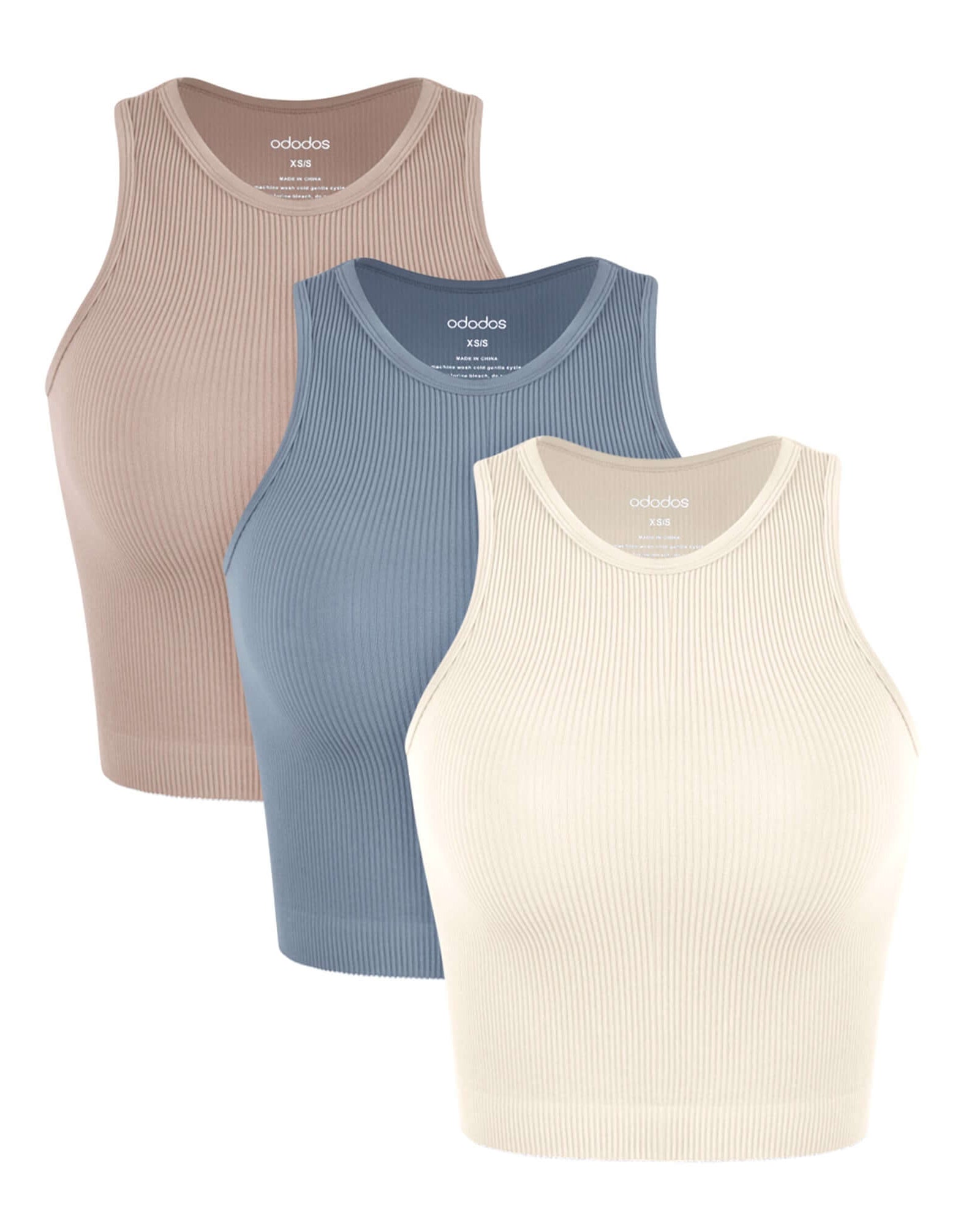 3-Pack Seamless Ribbed High Neck Tank Tops Ivory+Dusty Blue+Sphinx - ododos