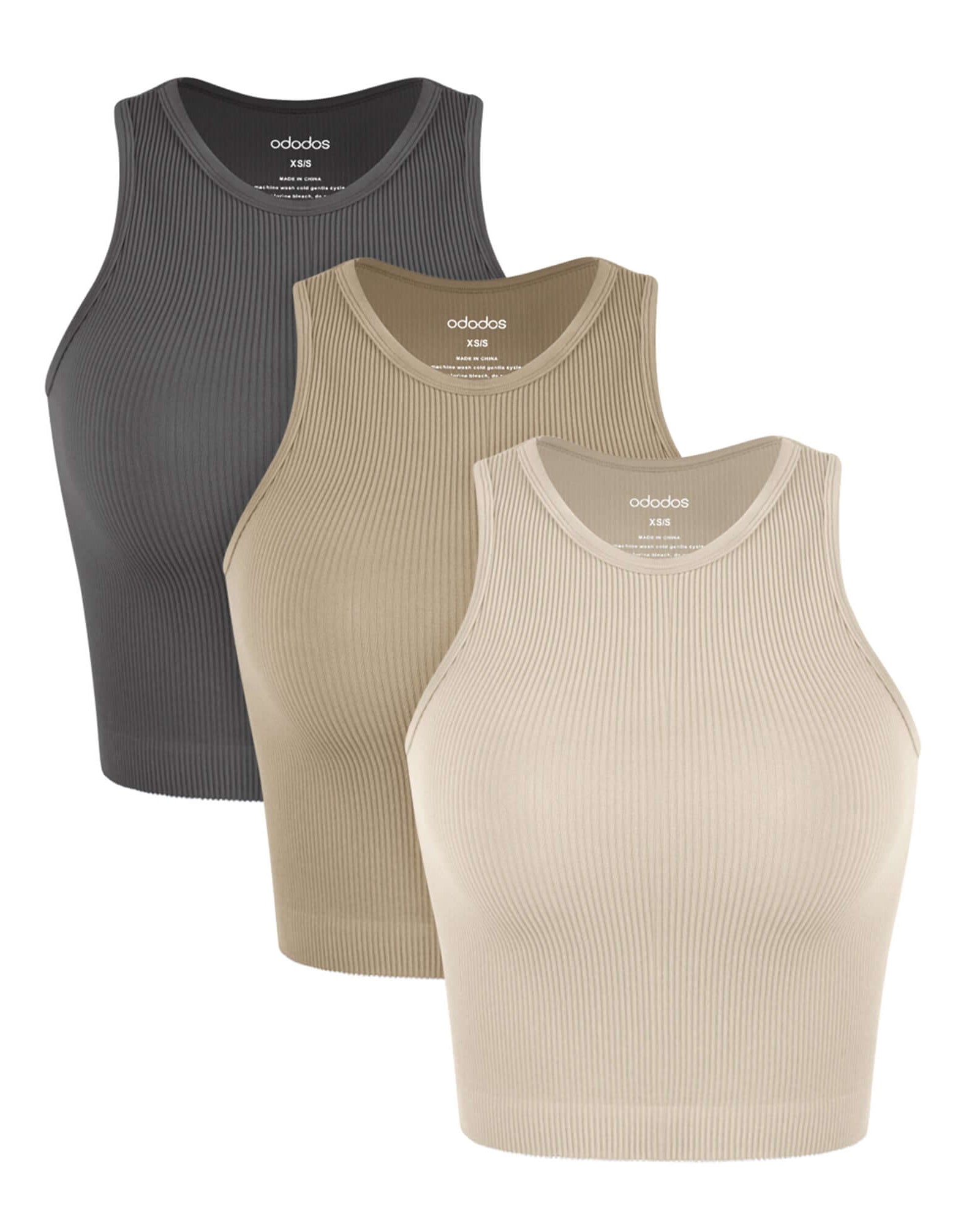 3-Pack Seamless Ribbed High Neck Tank Tops Mushroom+Taupe+Charcoal - ododos
