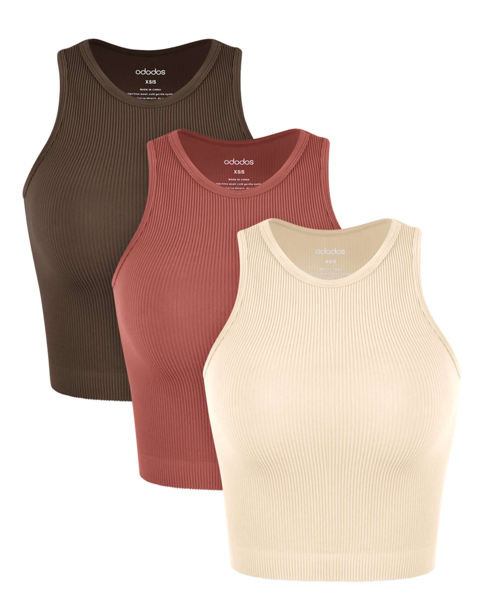 3-Pack Seamless Ribbed High Neck Tank Tops Oatmeal+Barn Red+Brunette - ododos