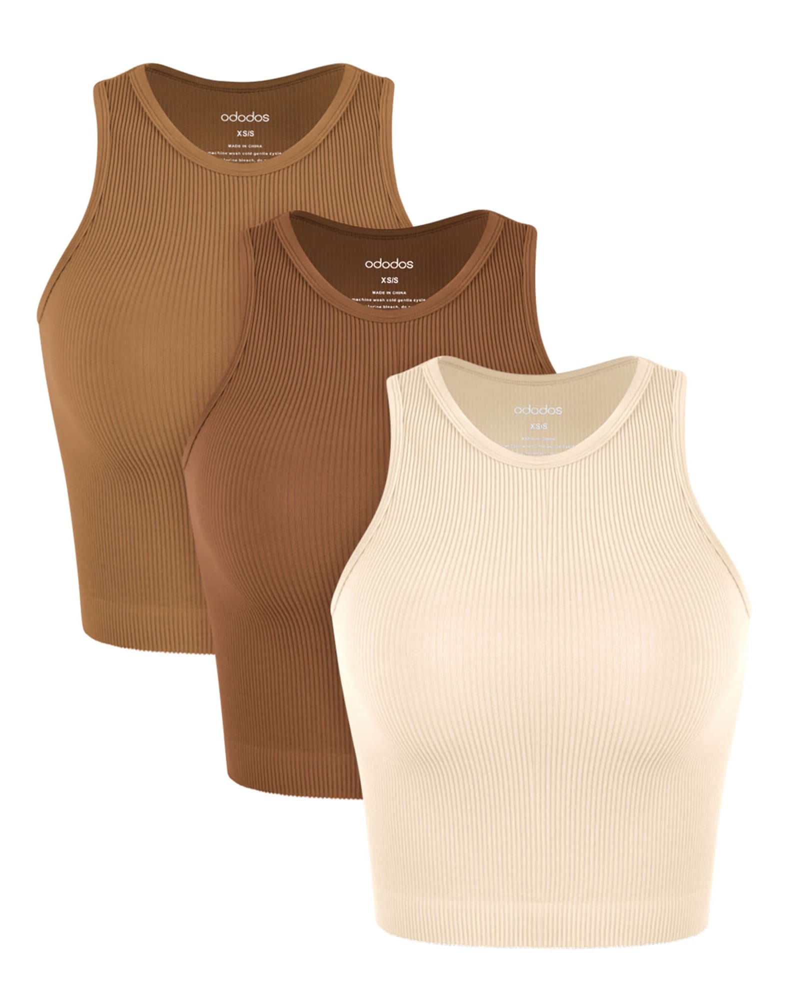 3-Pack Seamless Ribbed High Neck Tank Tops Ochre+Clay+Oatmeal - ododos
