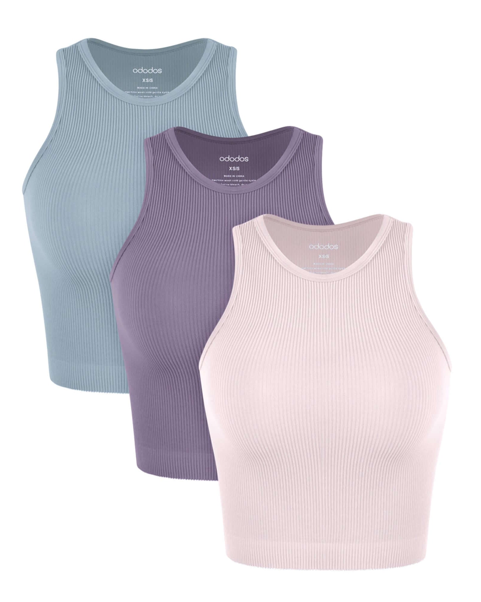 3-Pack Seamless Ribbed High Neck Tank Tops Pink Lace+Violet+Iceberg - ododos