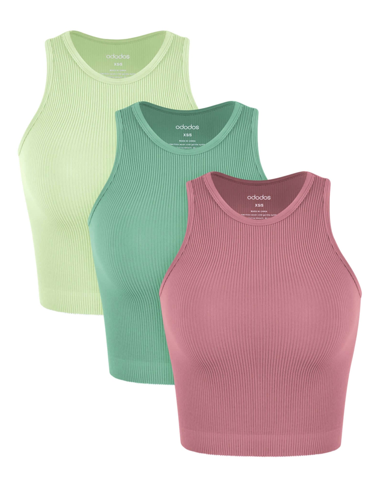 3-Pack Seamless Ribbed High Neck Tank Tops Watermelon+Emerald+Mint - ododos