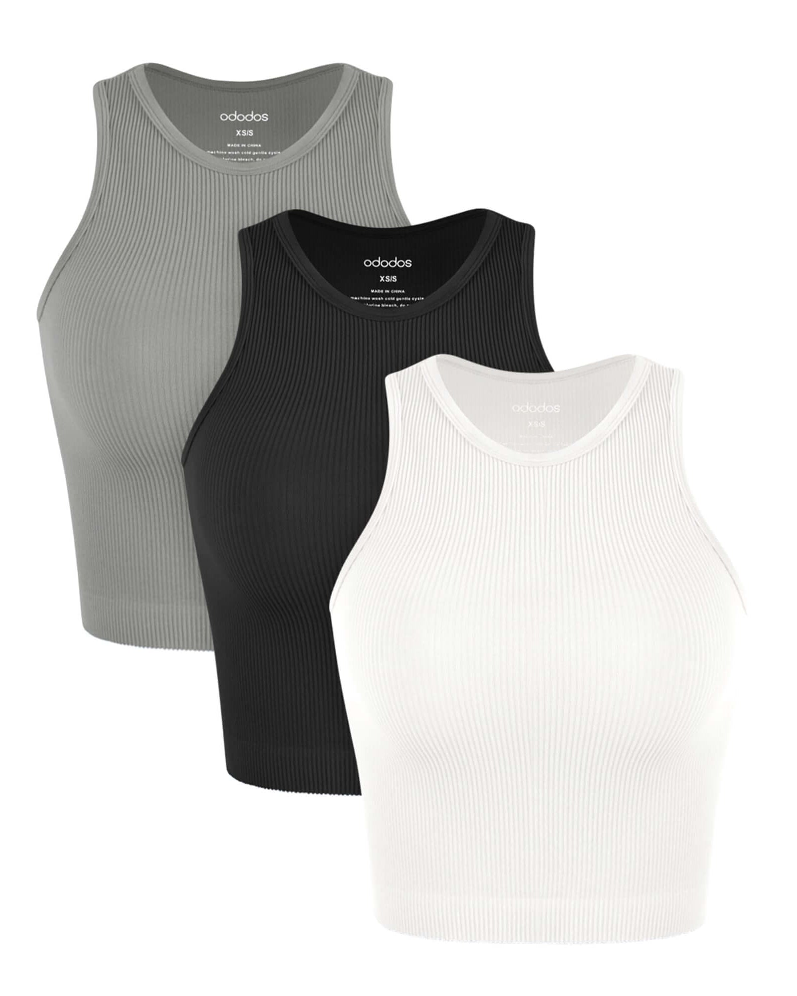 3-Pack Seamless Ribbed High Neck Tank Tops White+Black+Gray - ododos