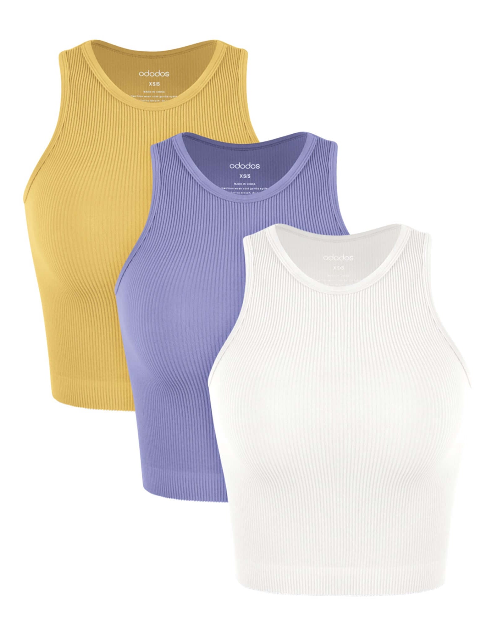 3-Pack Seamless Ribbed High Neck Tank Tops White+Purple+Yellow - ododos