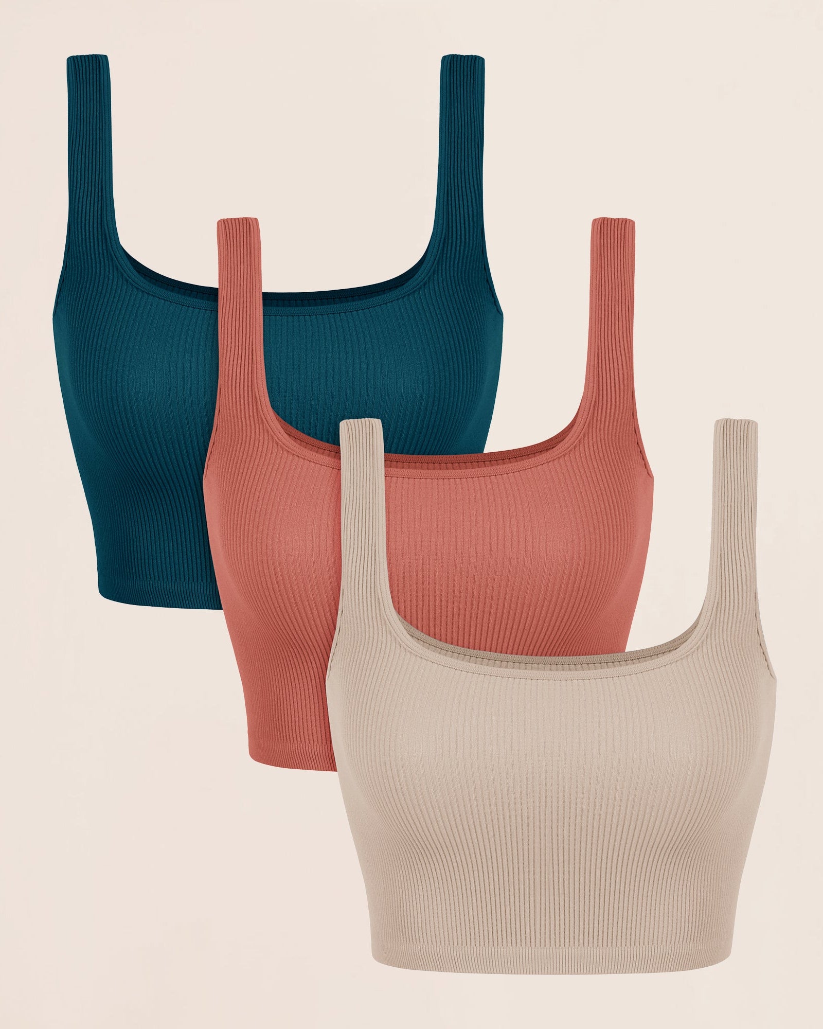 3-Pack Crop Length Seamless Square Neck Ribbed Knit Tank Beige+Coral+Teal - ododos
