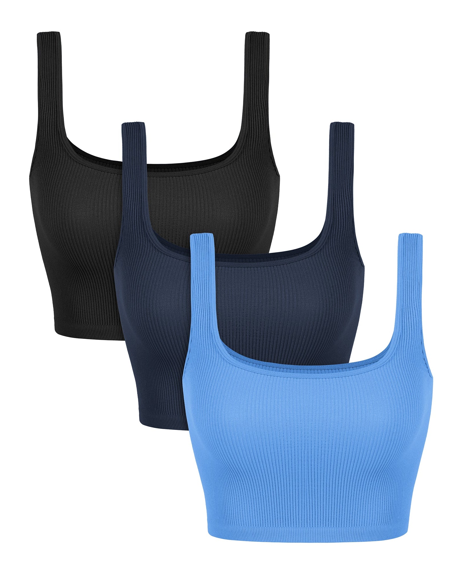3-Pack Crop Length Seamless Square Neck Ribbed Knit Tank Black+navy+blue - ododos