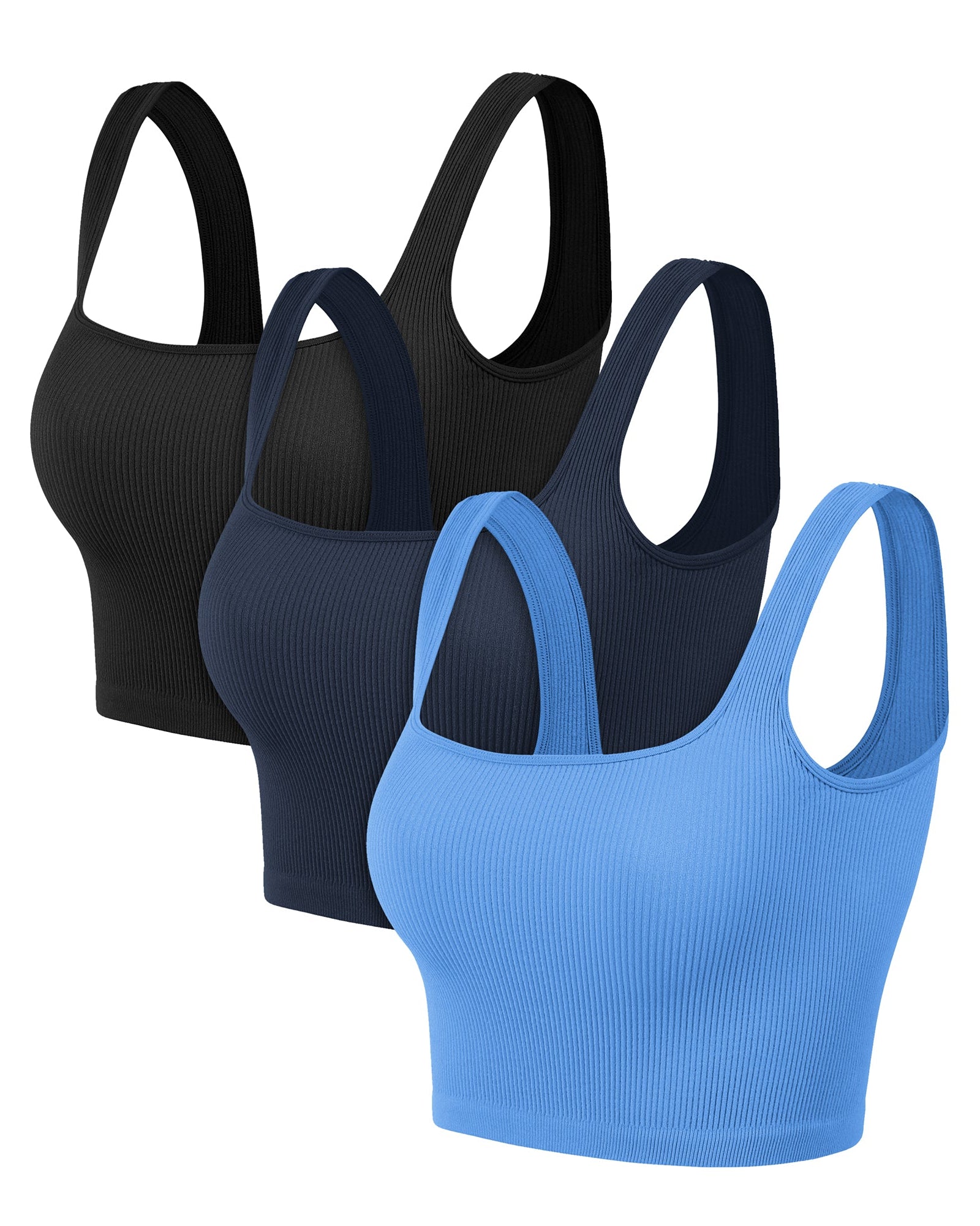 3-Pack Crop Length Seamless Square Neck Ribbed Knit Tank - ododos