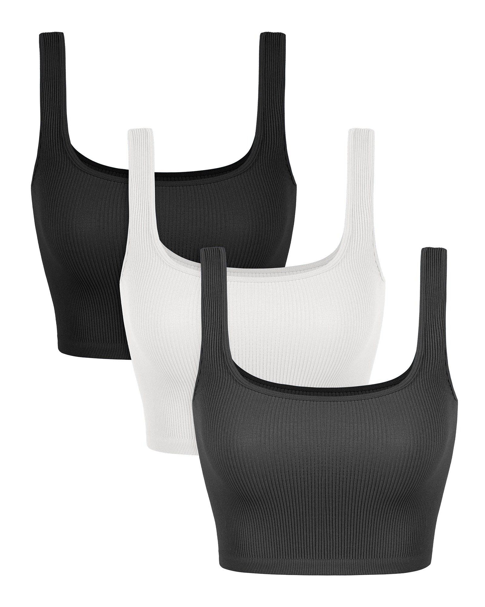 3-Pack Crop Length Seamless Square Neck Ribbed Knit Tank Black+white+charcoal - ododos