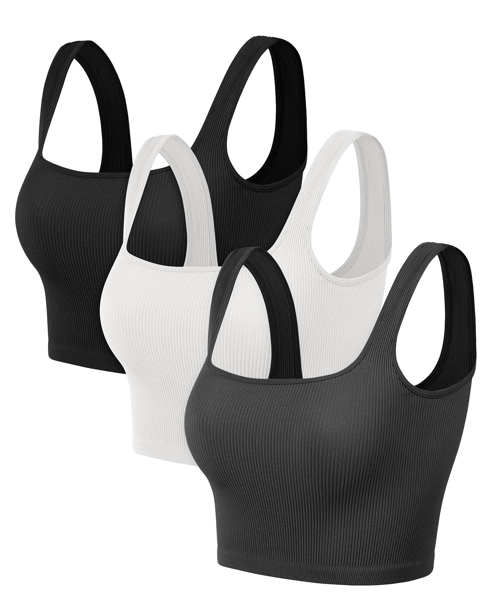 3-Pack Crop Length Seamless Square Neck Ribbed Knit Tank - ododos