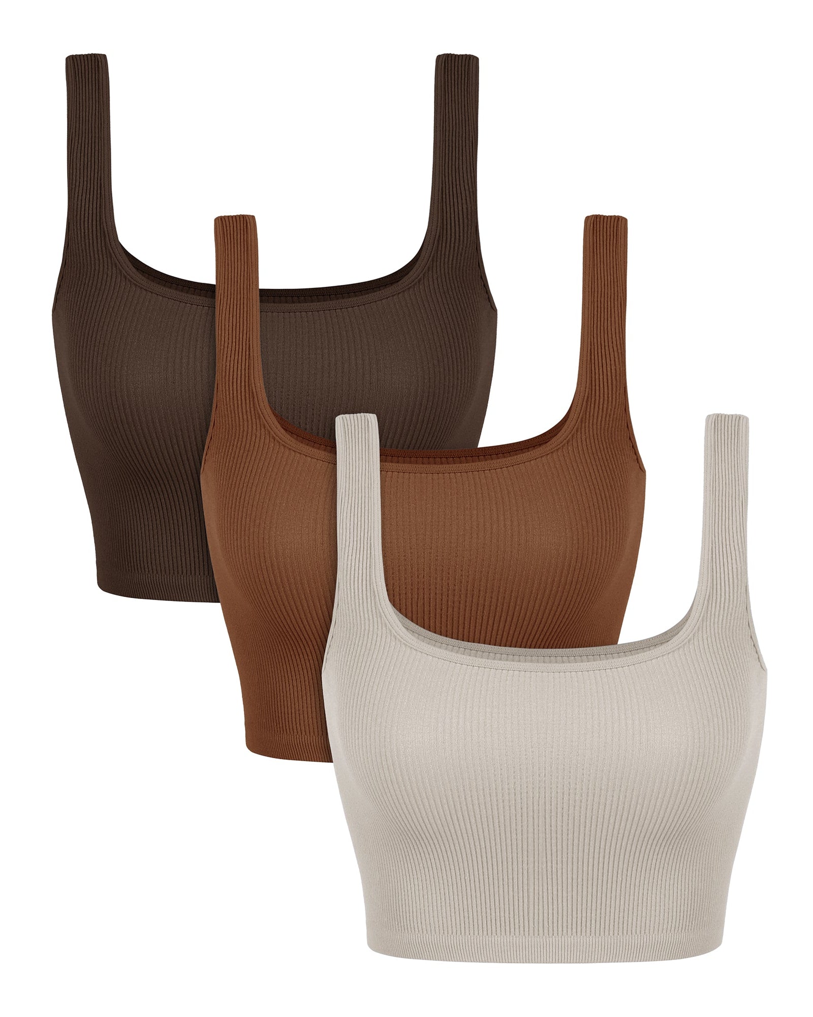 3-Pack Crop Length Seamless Square Neck Ribbed Knit Tank Brunette+Clay+Mushroom - ododos