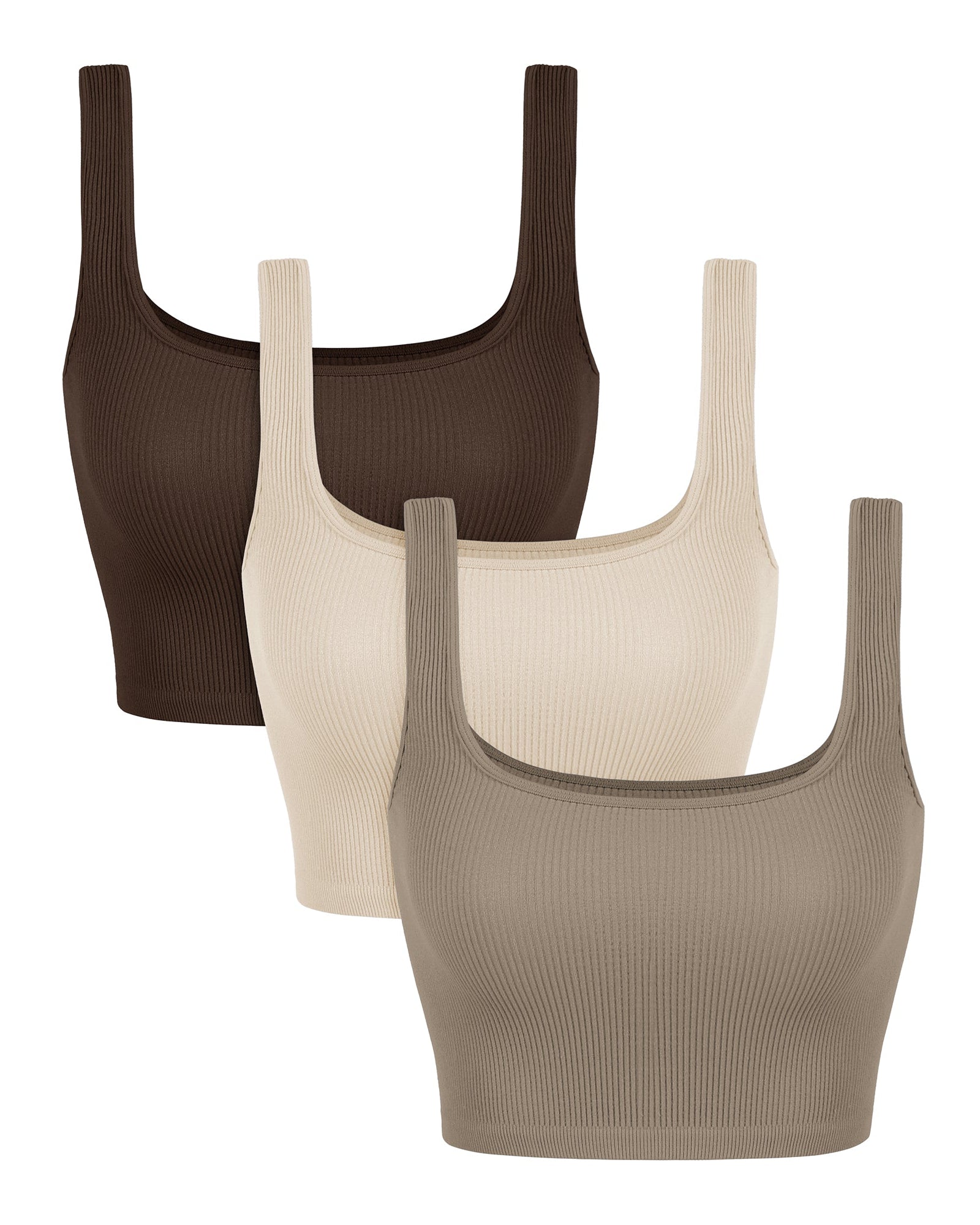 3-Pack Crop Length Seamless Square Neck Ribbed Knit Tank Brunette+oatmeal+taupe - ododos