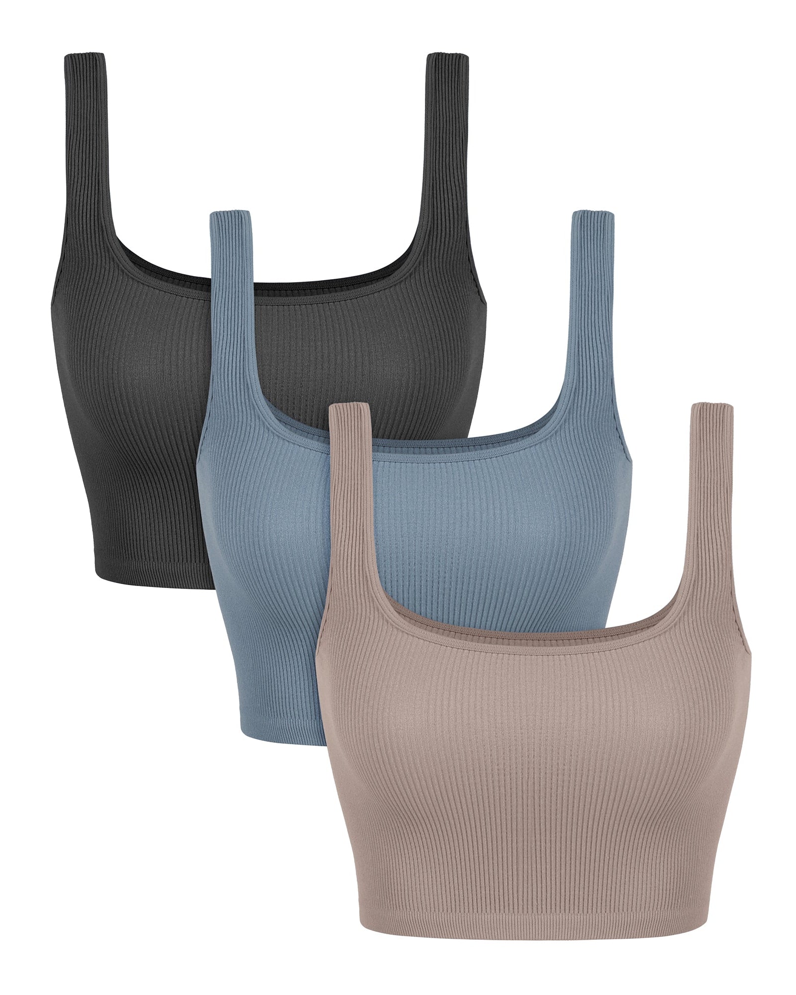 3-Pack Crop Length Seamless Square Neck Ribbed Knit Tank Charcoal+dusty Blue+bark - ododos