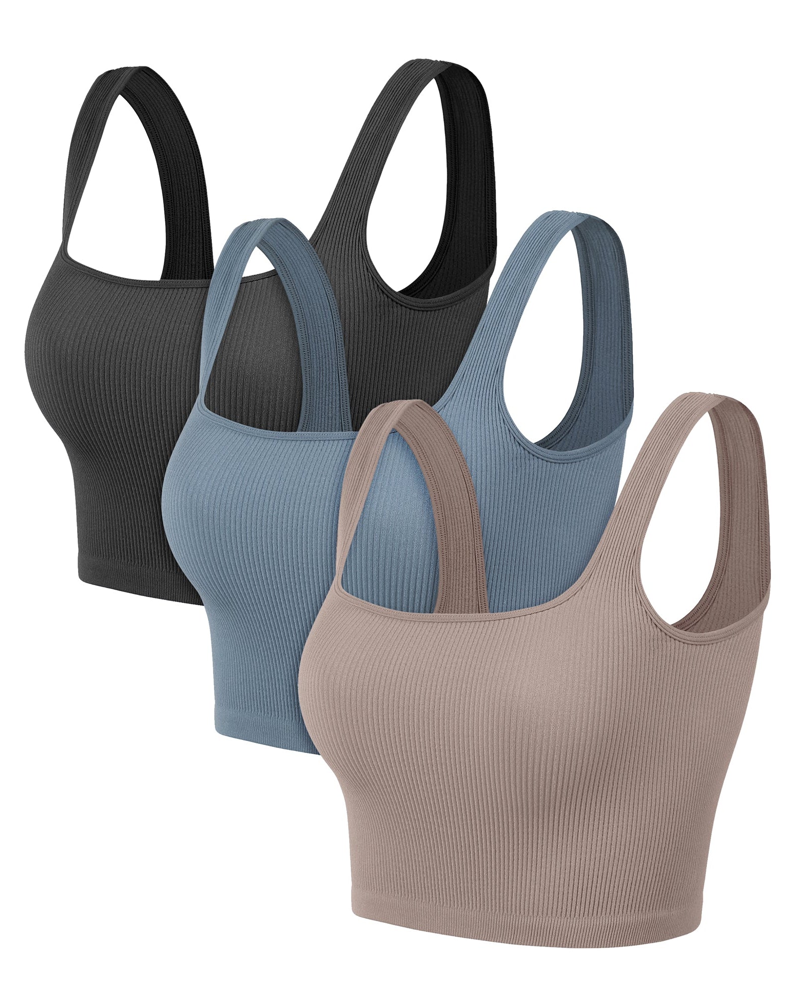 3-Pack Crop Length Seamless Square Neck Ribbed Knit Tank - ododos