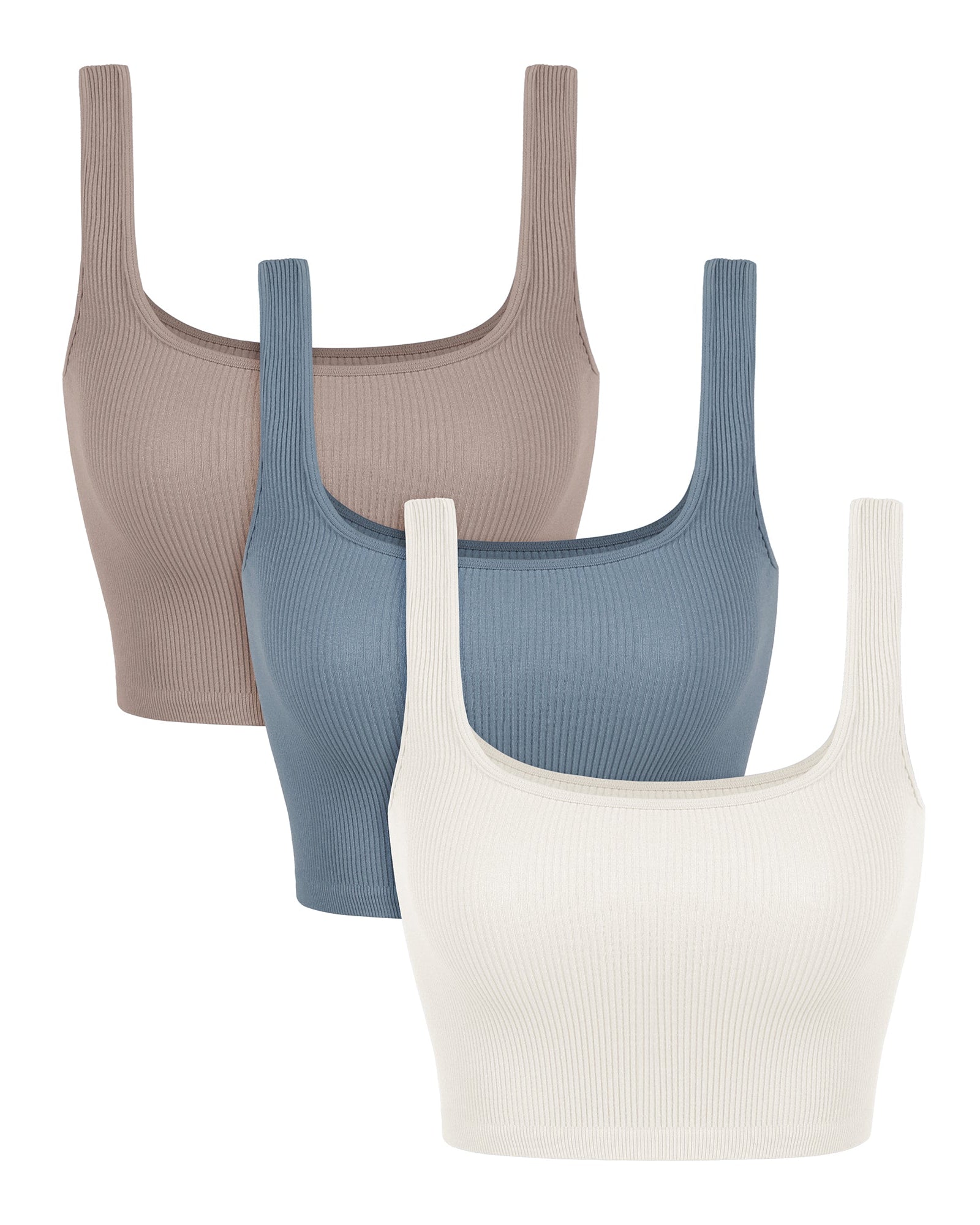 3-Pack Crop Length Seamless Square Neck Ribbed Knit Tank Ivory+Dusty Blue+Sphinx - ododos