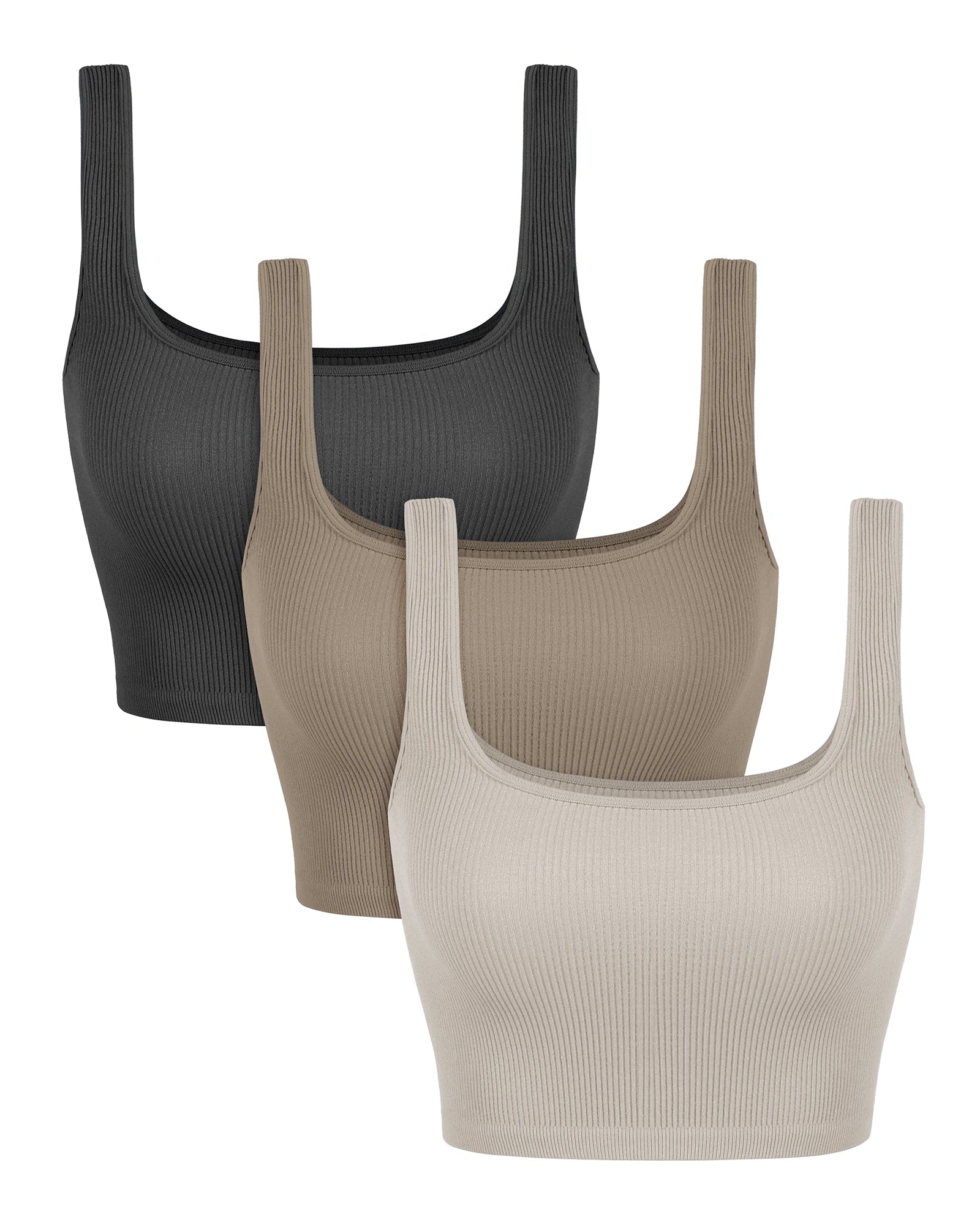 3-Pack Crop Length Seamless Square Neck Ribbed Knit Tank Mushroom+Taupe+Charcoal - ododos