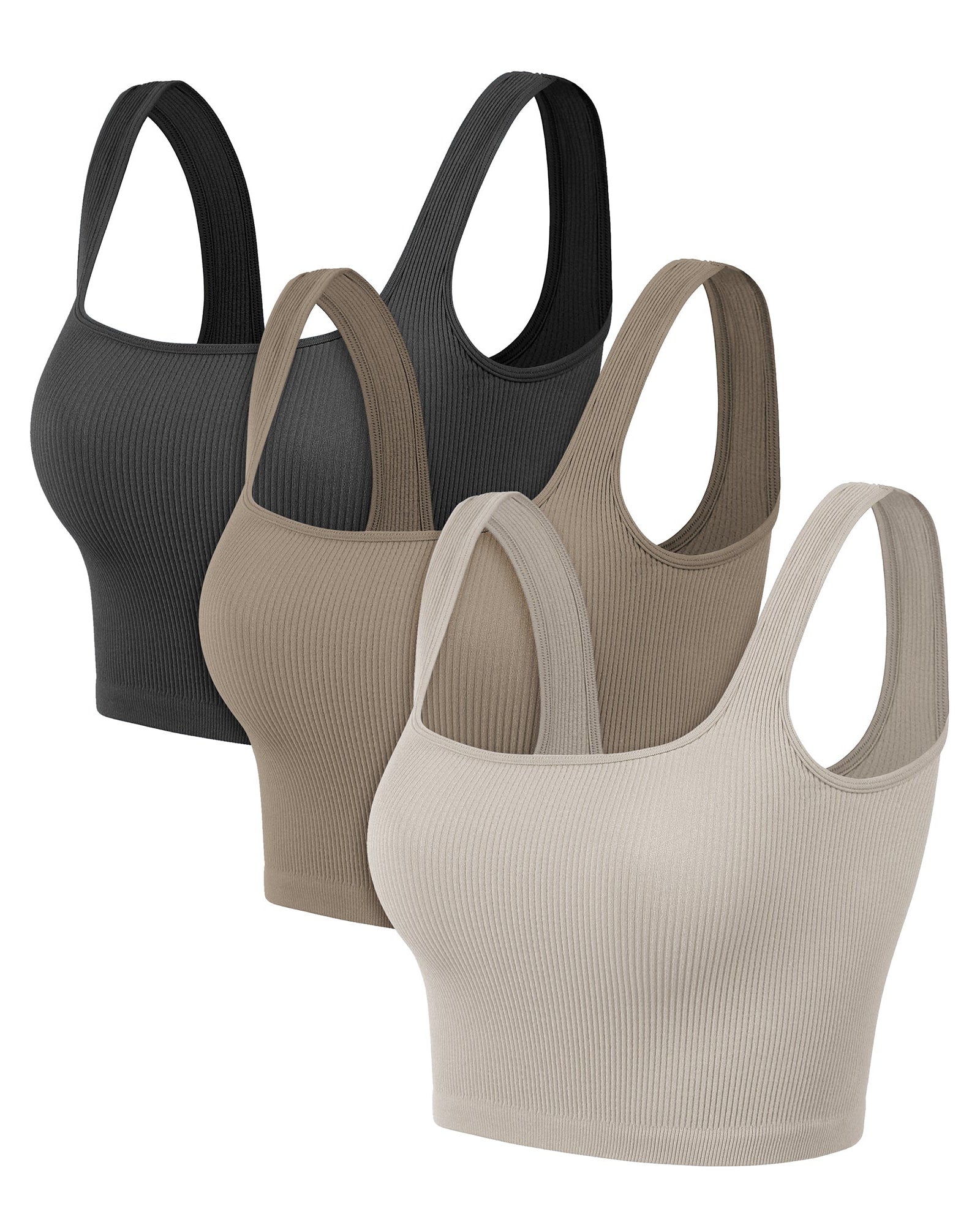 3-Pack Crop Length Seamless Square Neck Ribbed Knit Tank - ododos