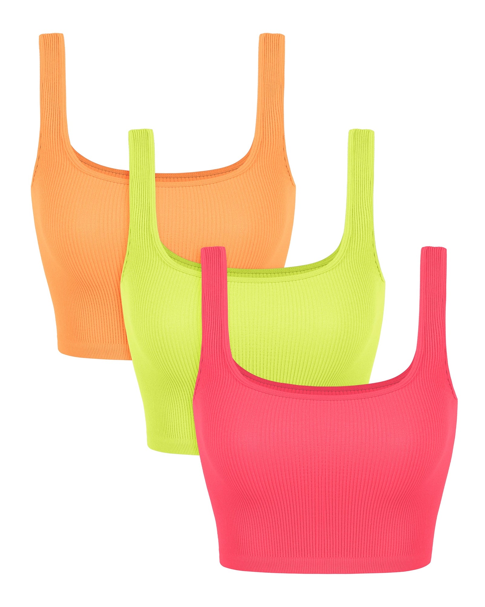 3-Pack Crop Length Seamless Square Neck Ribbed Knit Tank Neon Pink+green+orange - ododos