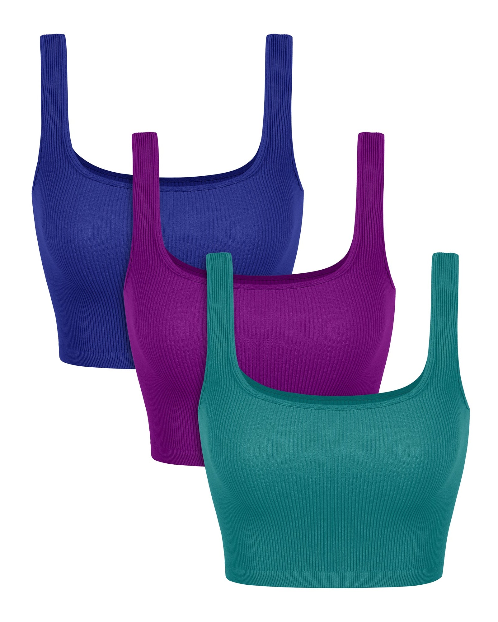 3-Pack Crop Length Seamless Square Neck Ribbed Knit Tank Phlox+sea Green+lapis - ododos