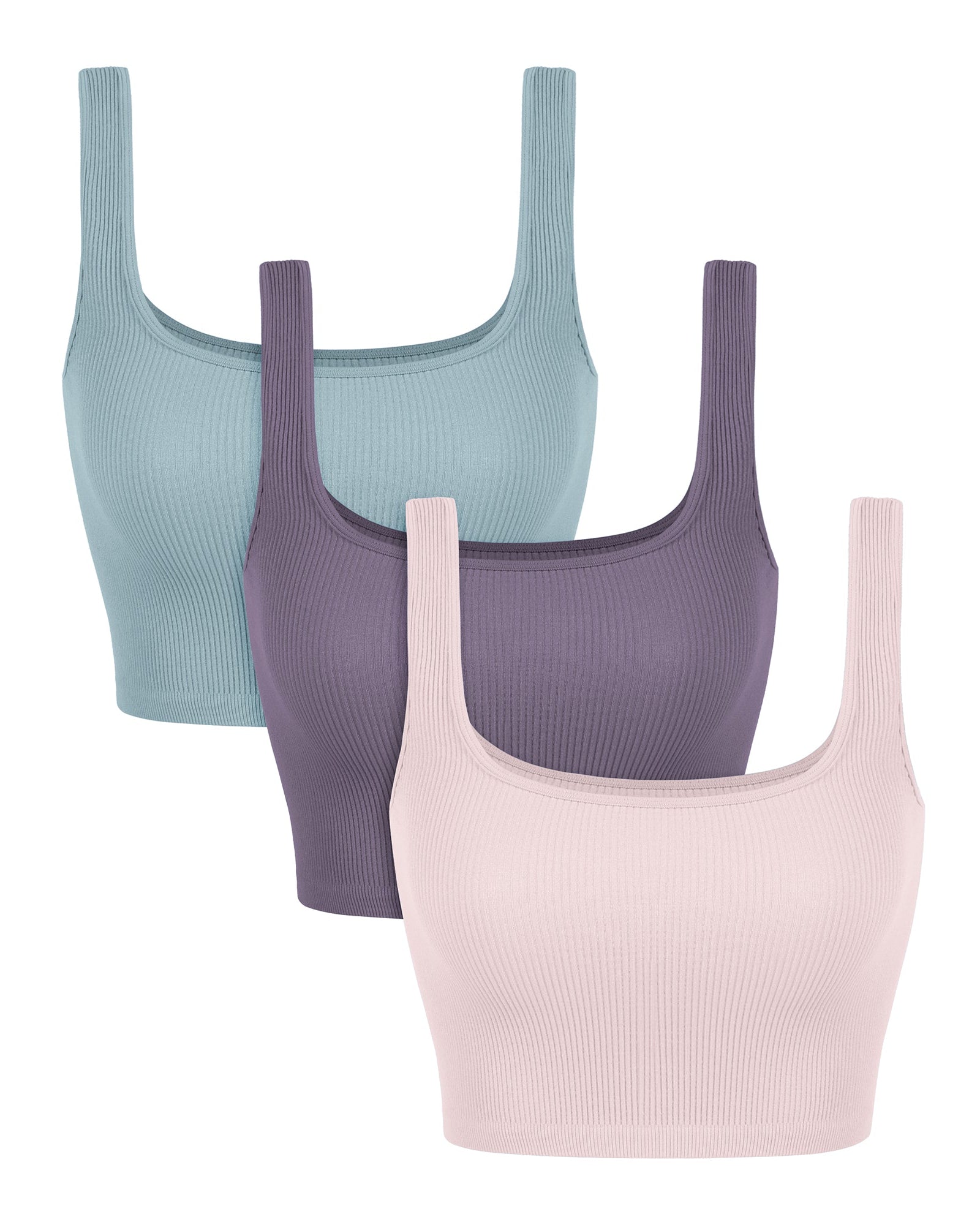 3-Pack Crop Length Seamless Square Neck Ribbed Knit Tank Violet+iceberg+pink Lace - ododos