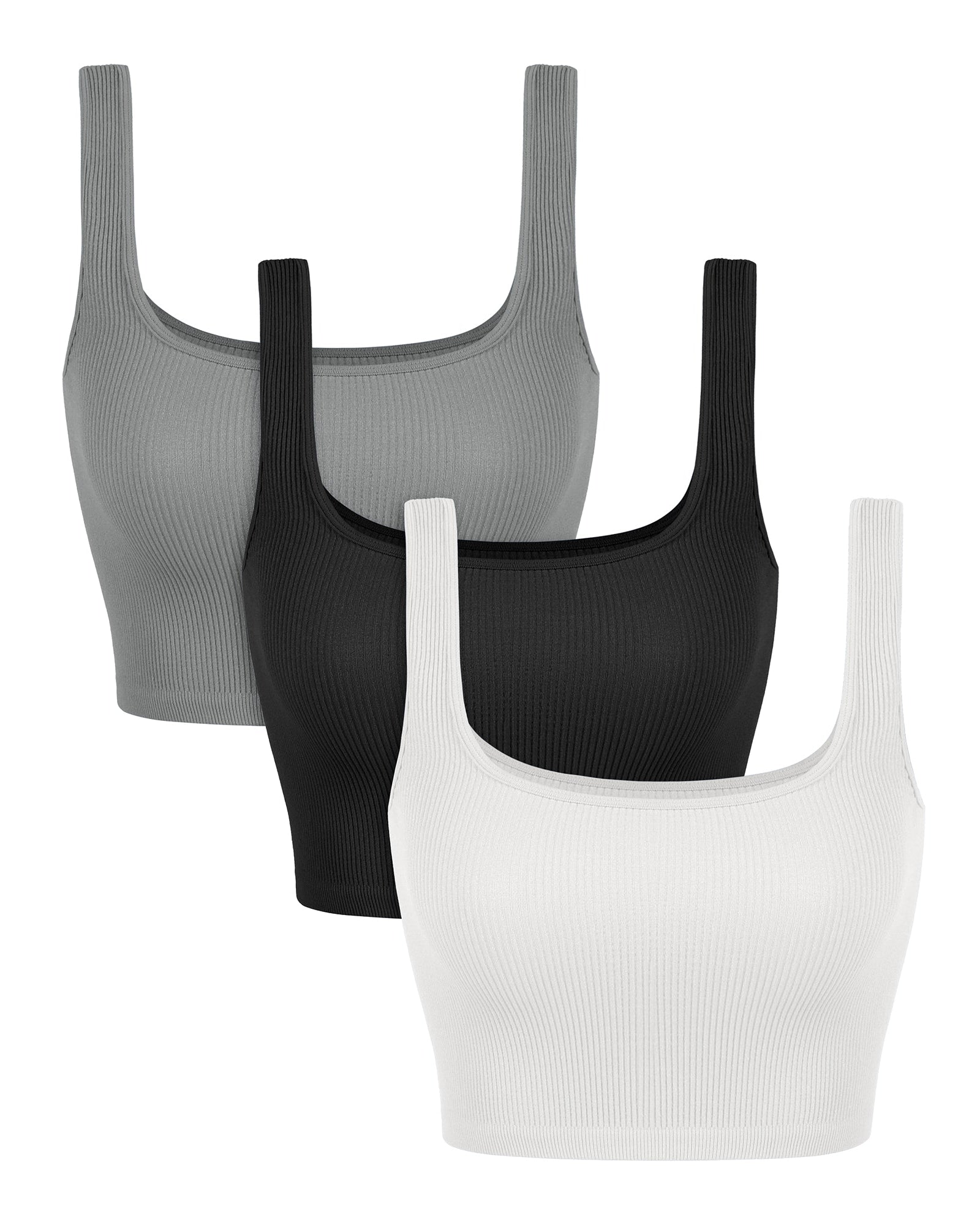 3-Pack Crop Length Seamless Square Neck Ribbed Knit Tank White+Gray+Black - ododos