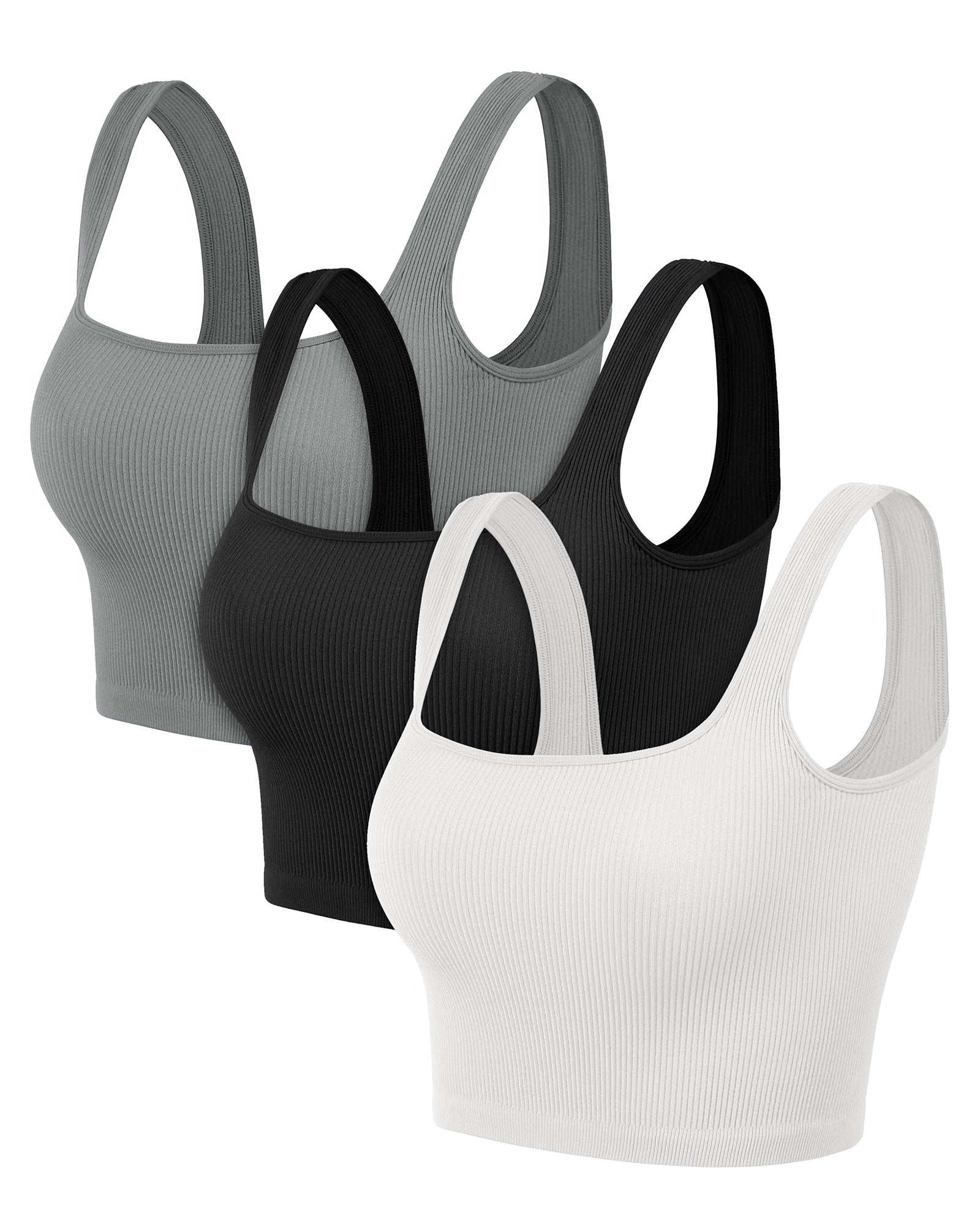 3-Pack Crop Length Seamless Square Neck Ribbed Knit Tank - ododos