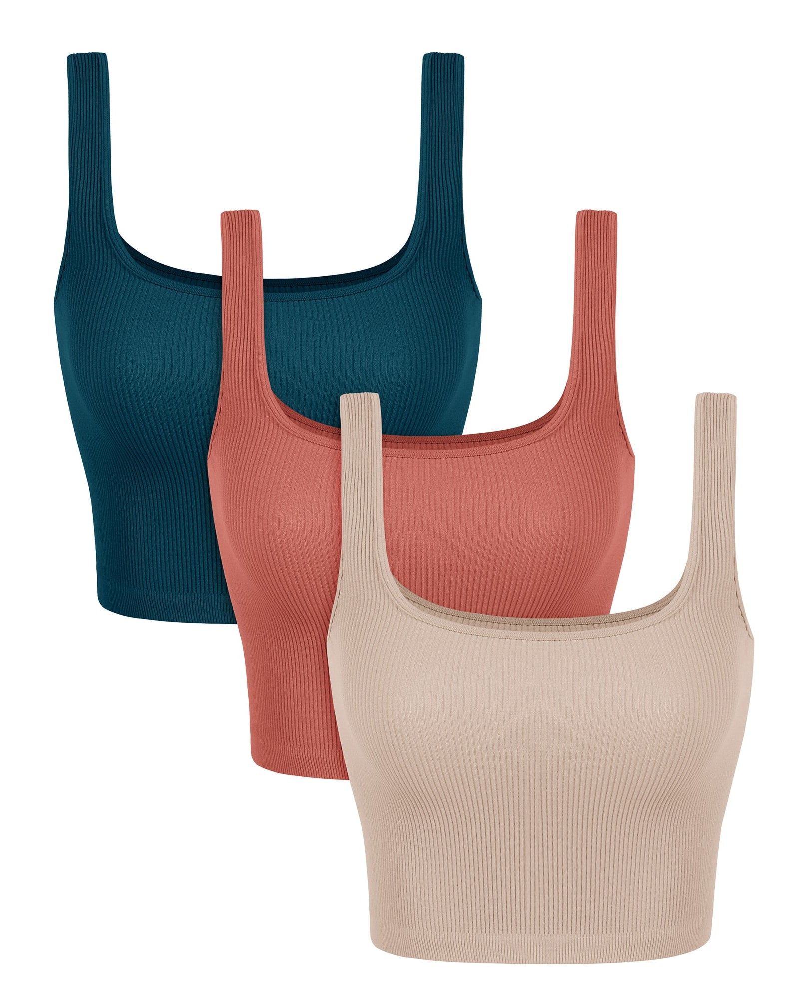 3-Pack Long Crop Length Seamless Square Neck Ribbed Knit Tank Beige+Coral+Teal - ododos