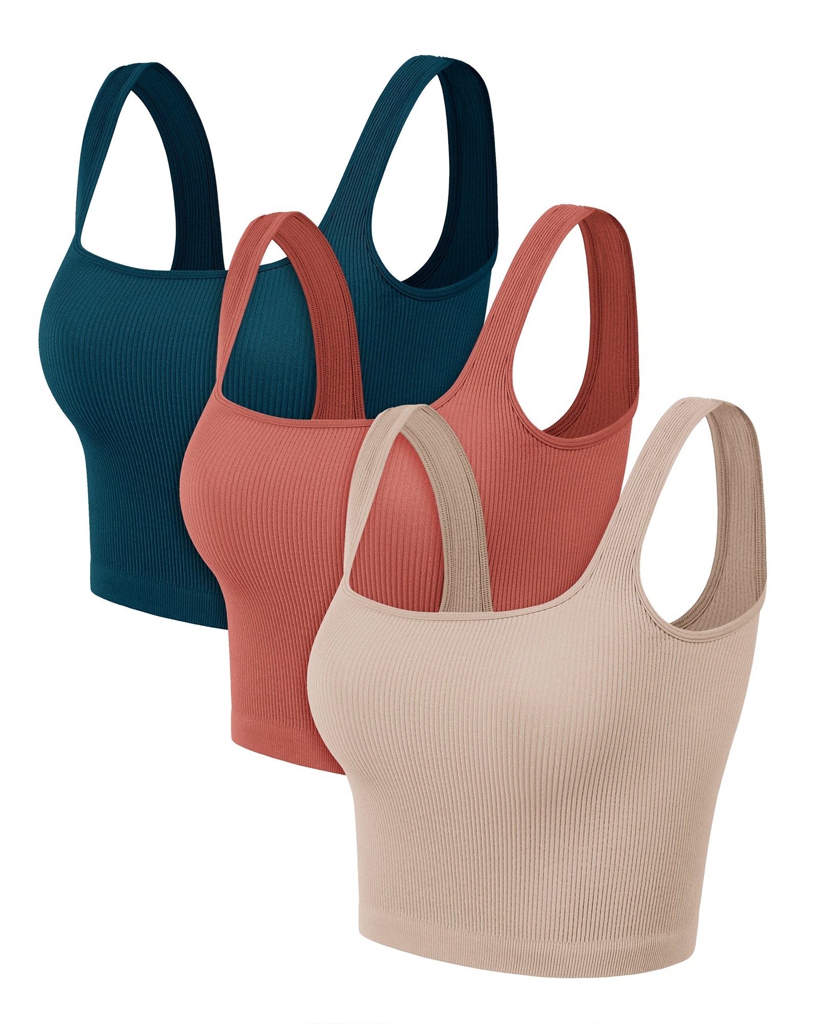 3-Pack Long Crop Length Seamless Square Neck Ribbed Knit Tank - ododos