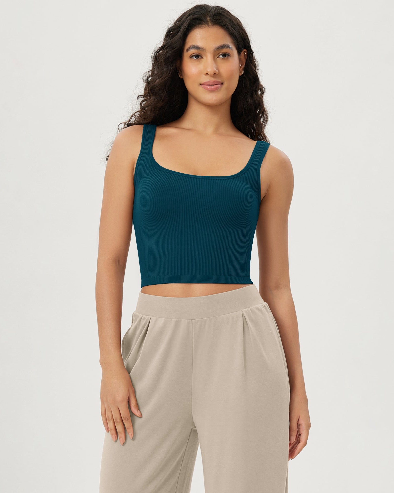 3-Pack Long Crop Length Seamless Square Neck Ribbed Knit Tank - ododos