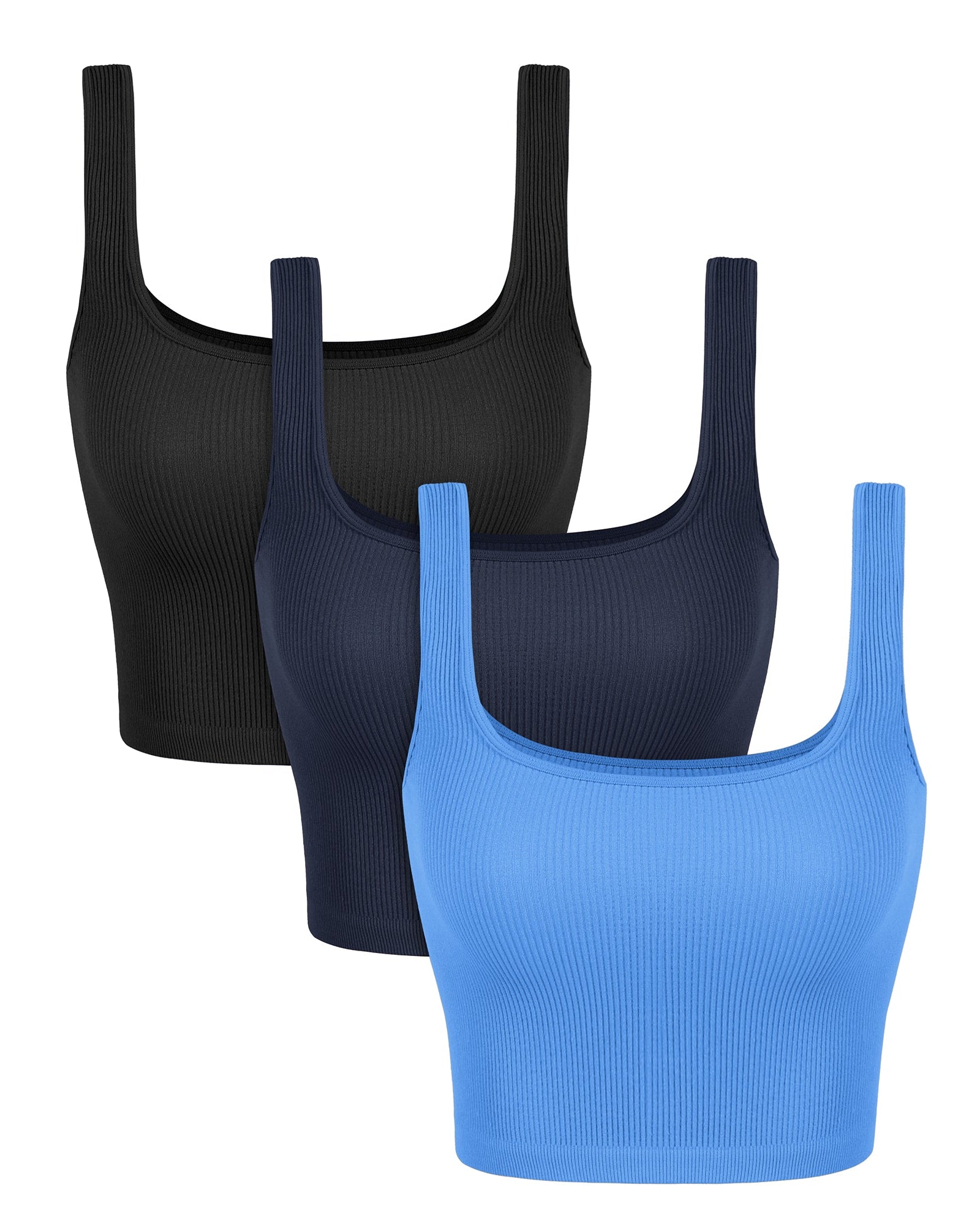 3-Pack Long Crop Length Seamless Square Neck Ribbed Knit Tank Black+navy+blue - ododos
