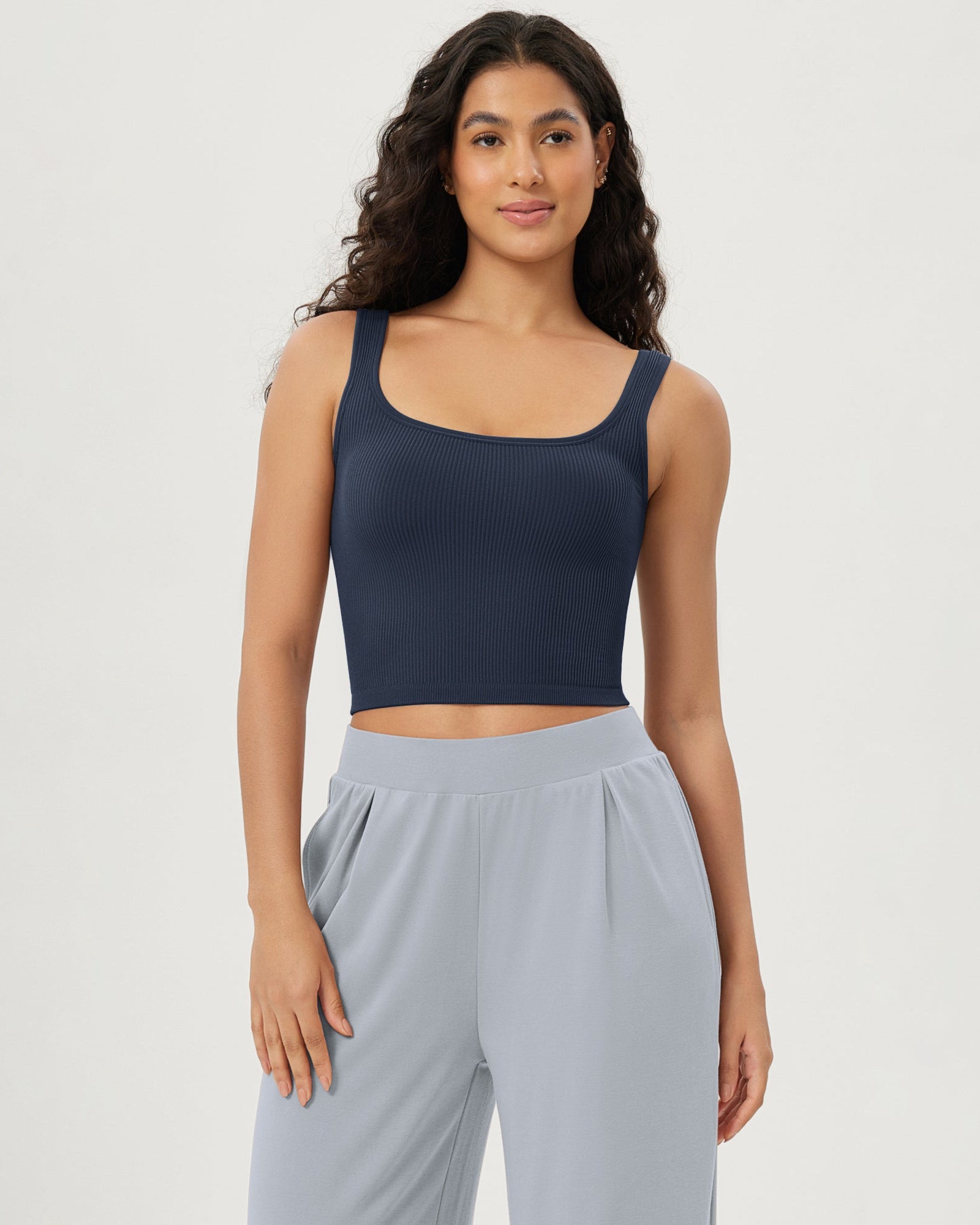 3-Pack Long Crop Length Seamless Square Neck Ribbed Knit Tank - ododos