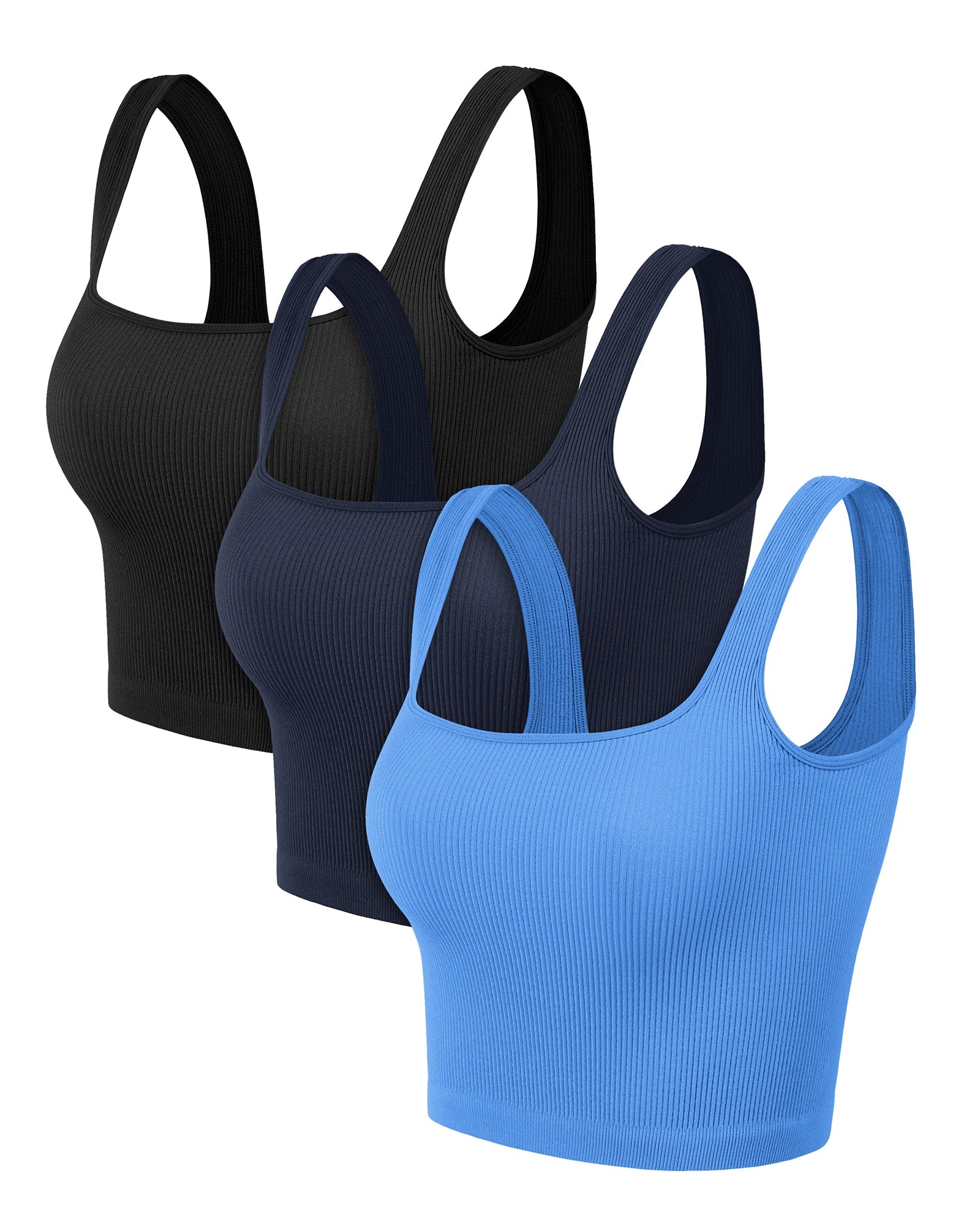 3-Pack Long Crop Length Seamless Square Neck Ribbed Knit Tank - ododos