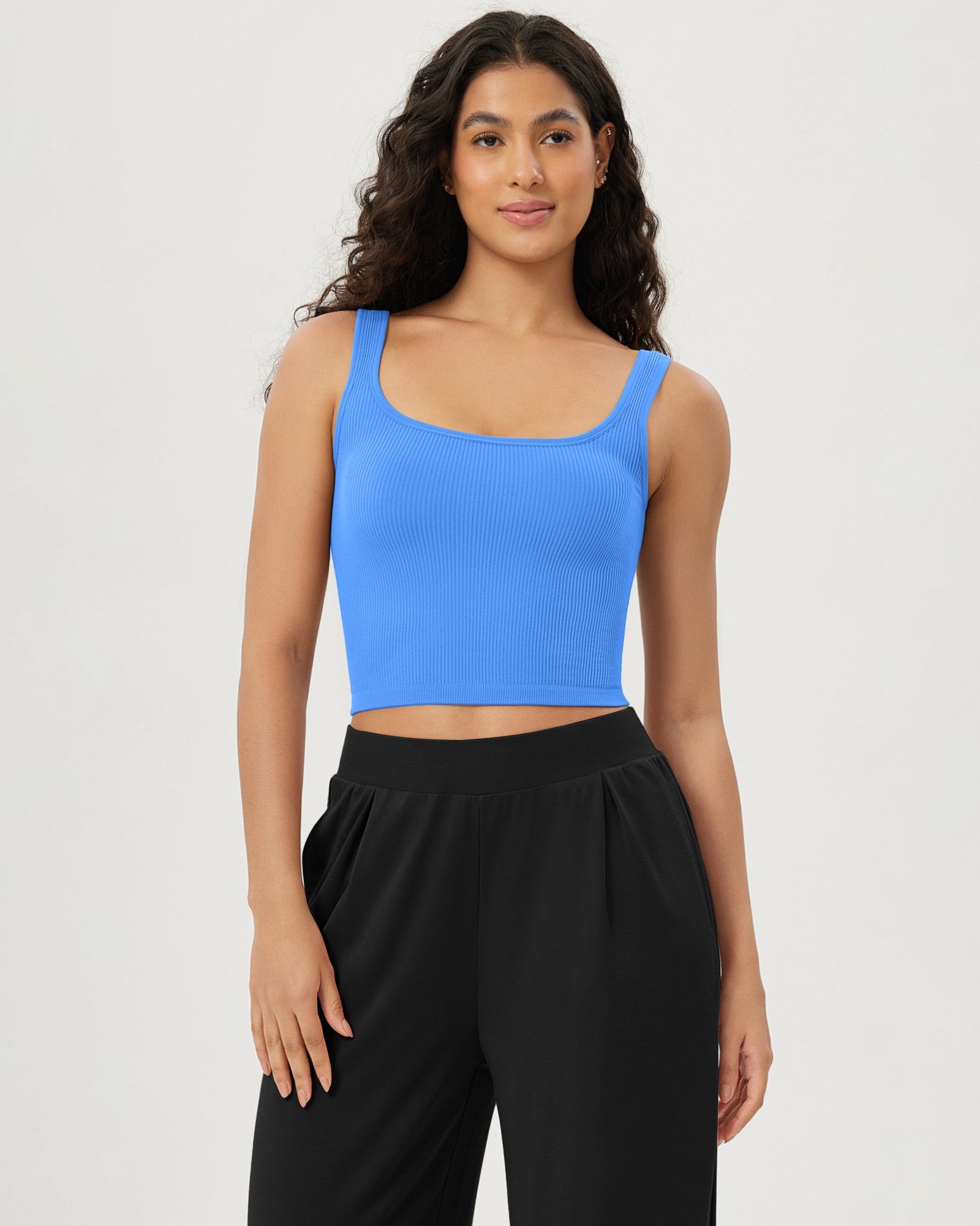 3-Pack Long Crop Length Seamless Square Neck Ribbed Knit Tank - ododos