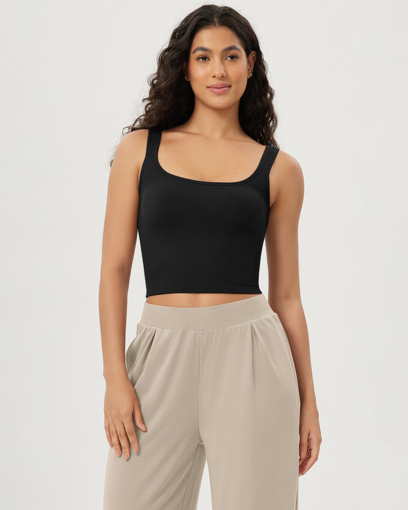 3-Pack Long Crop Length Seamless Square Neck Ribbed Knit Tank - ododos