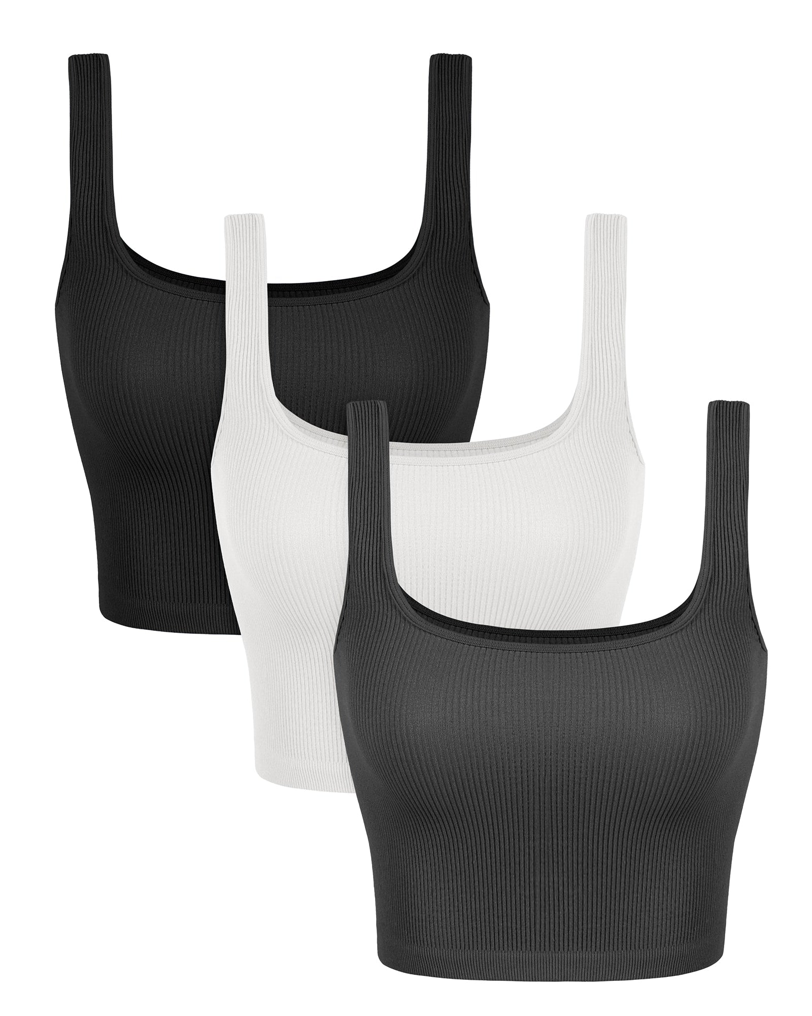 3-Pack Long Crop Length Seamless Square Neck Ribbed Knit Tank Black+white+charcoal - ododos