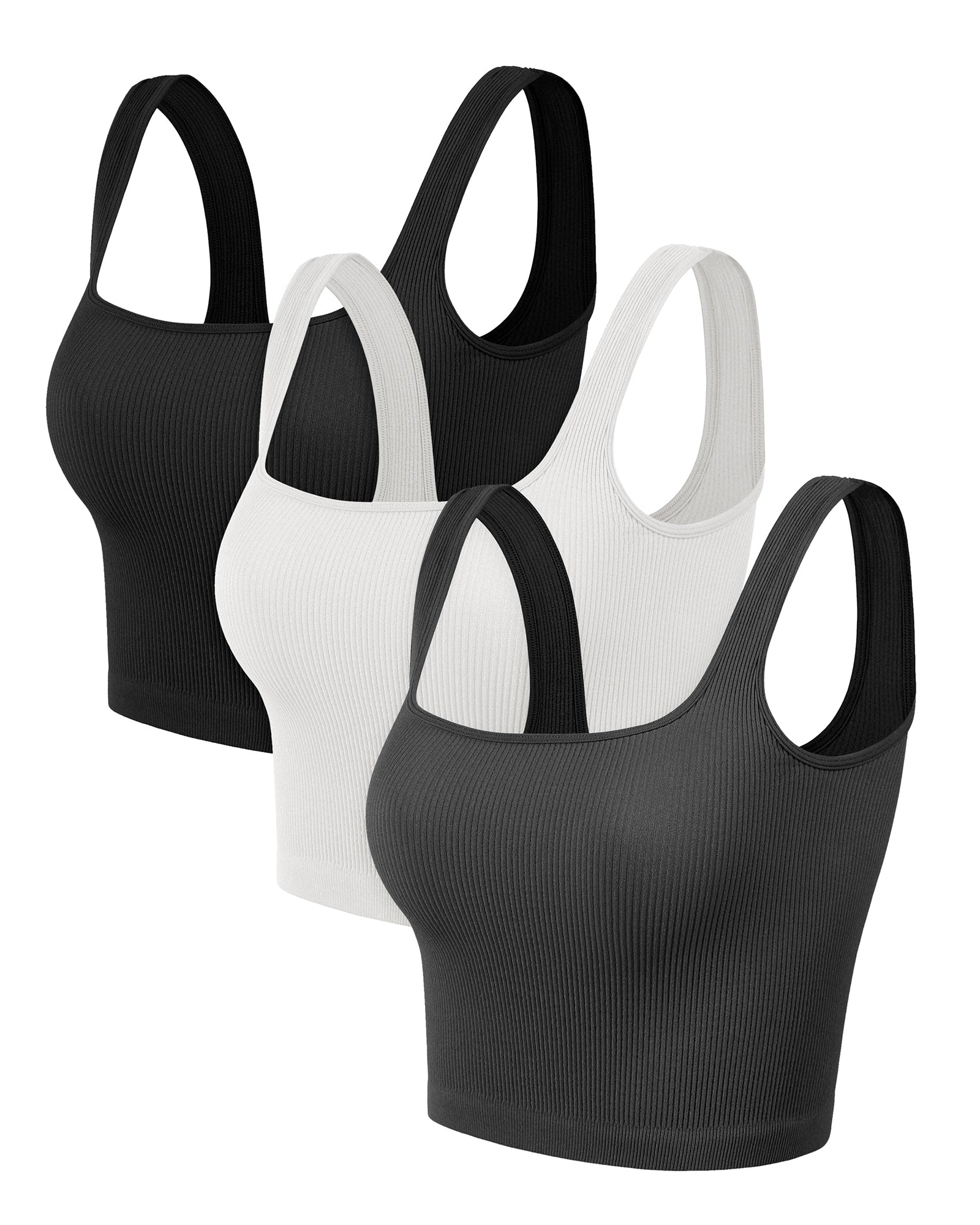 3-Pack Long Crop Length Seamless Square Neck Ribbed Knit Tank - ododos