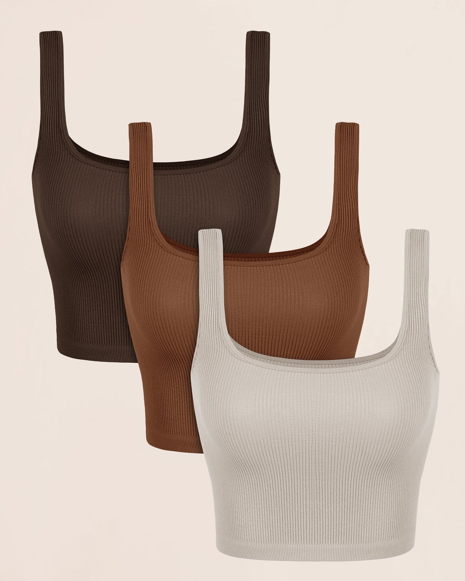 3-Pack Long Crop Length Seamless Square Neck Ribbed Knit Tank Brunette+Clay+Mushroom - ododos
