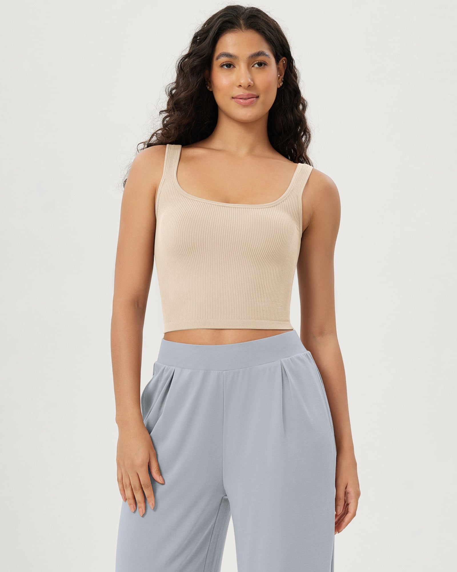 3-Pack Long Crop Length Seamless Square Neck Ribbed Knit Tank - ododos