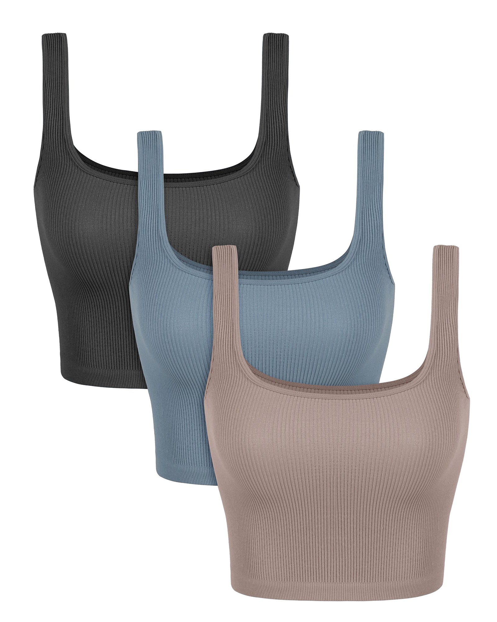 3-Pack Long Crop Length Seamless Square Neck Ribbed Knit Tank Charcoal+dusty Blue+bark - ododos