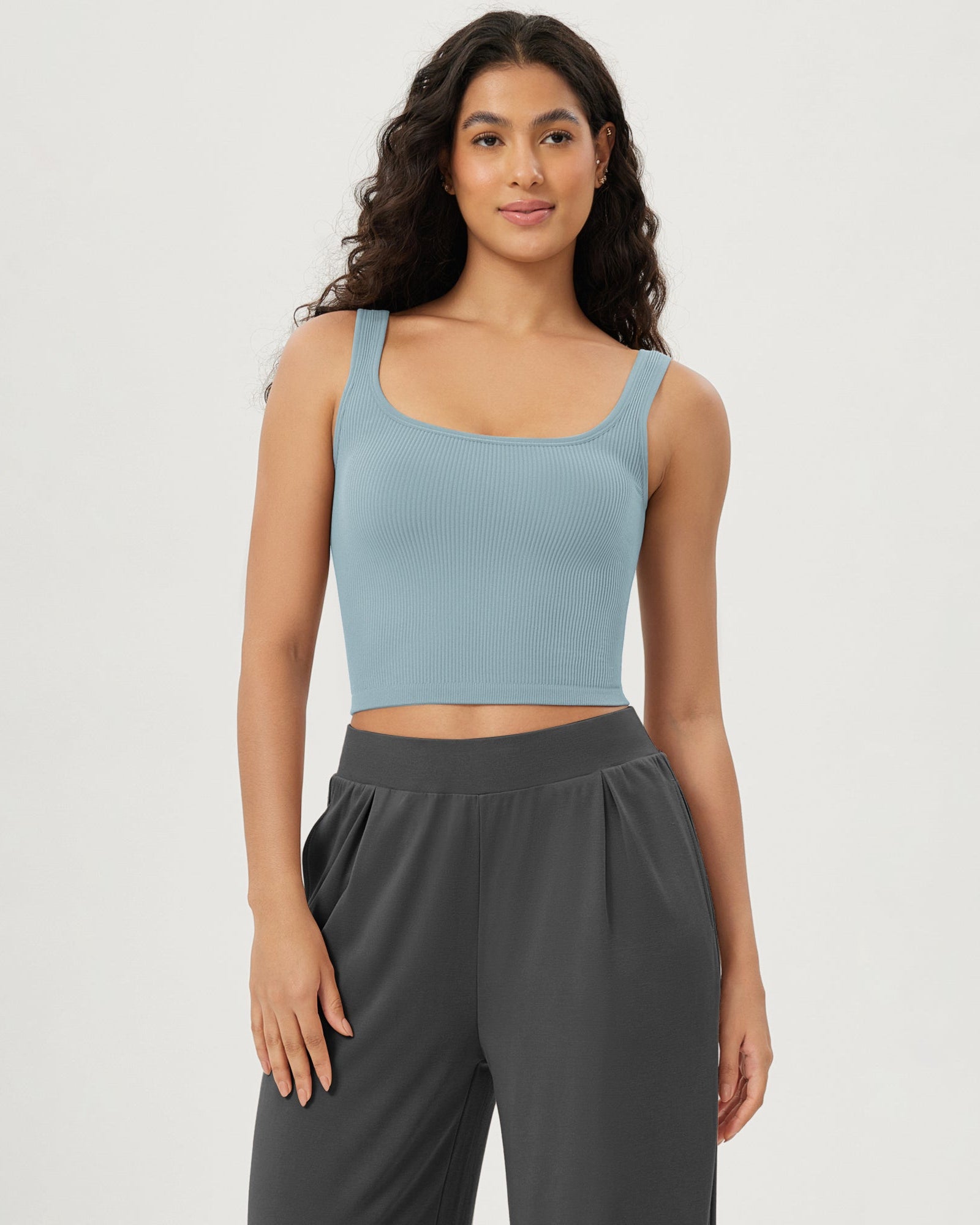 3-Pack Long Crop Length Seamless Square Neck Ribbed Knit Tank - ododos