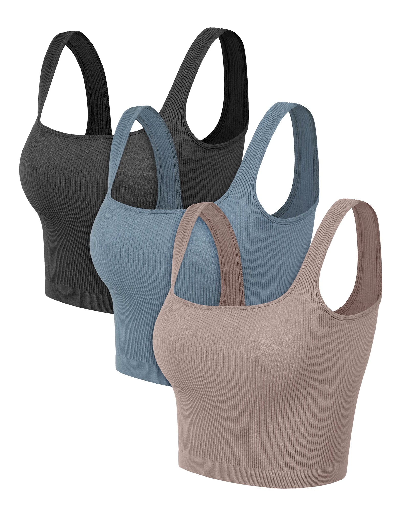 3-Pack Long Crop Length Seamless Square Neck Ribbed Knit Tank - ododos