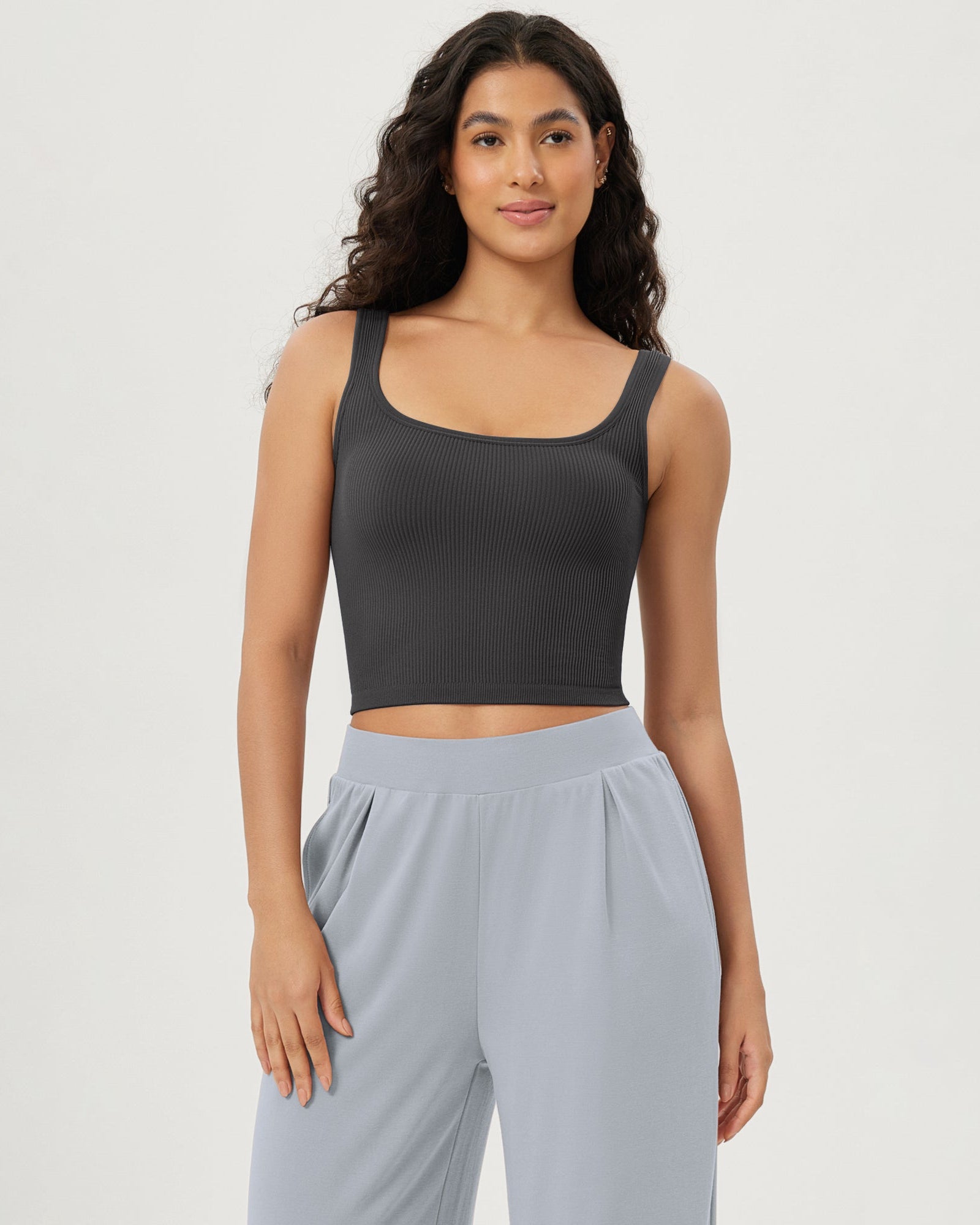 3-Pack Long Crop Length Seamless Square Neck Ribbed Knit Tank - ododos