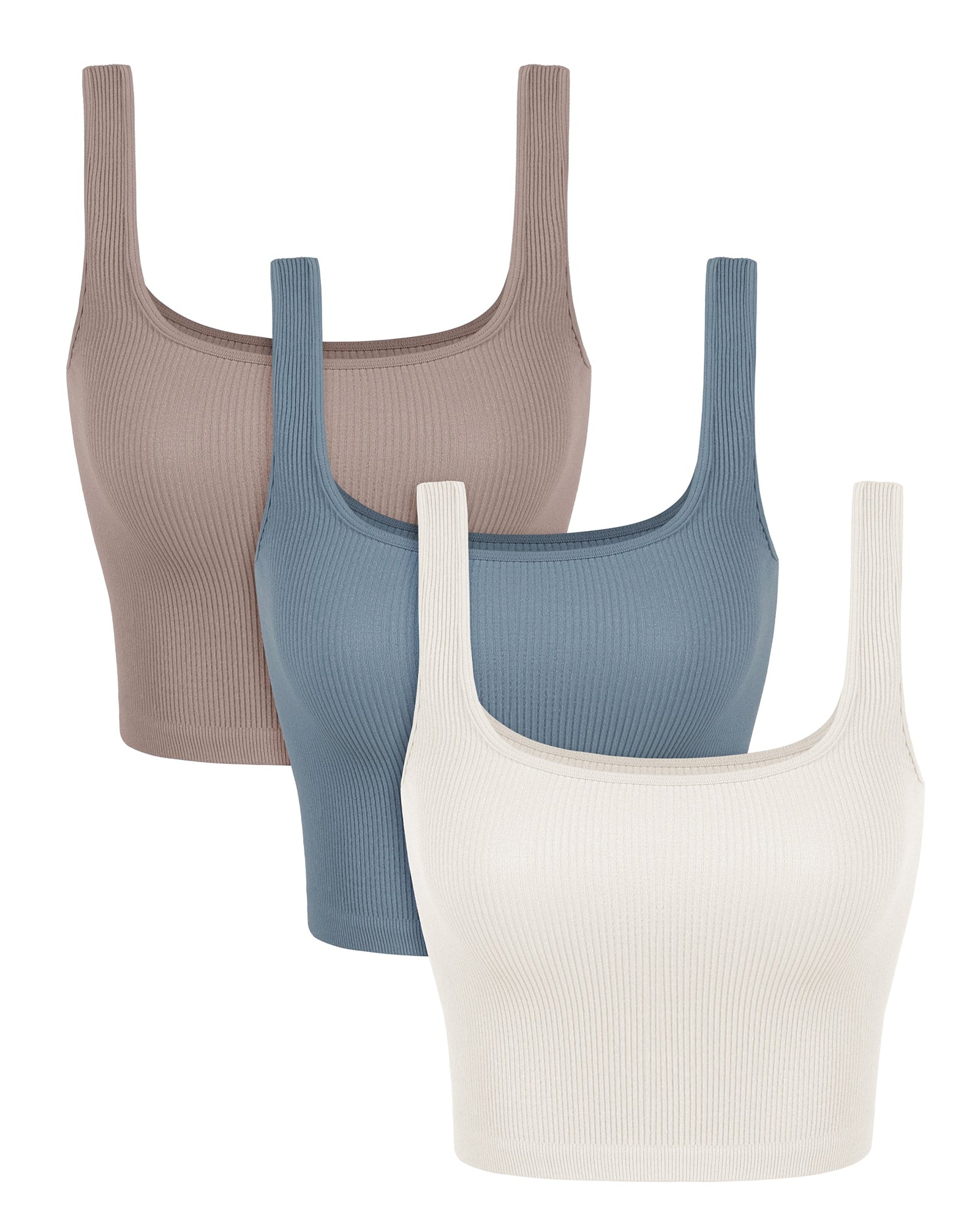 3-Pack Long Crop Length Seamless Square Neck Ribbed Knit Tank Ivory+Dusty Blue+Sphinx - ododos