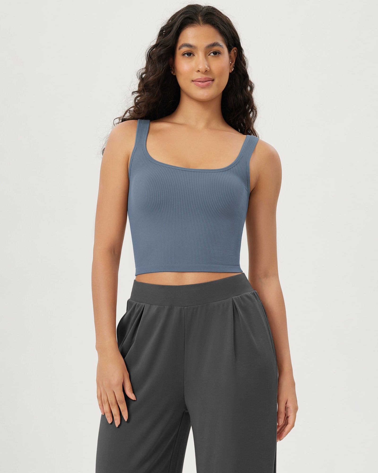 3-Pack Long Crop Length Seamless Square Neck Ribbed Knit Tank - ododos