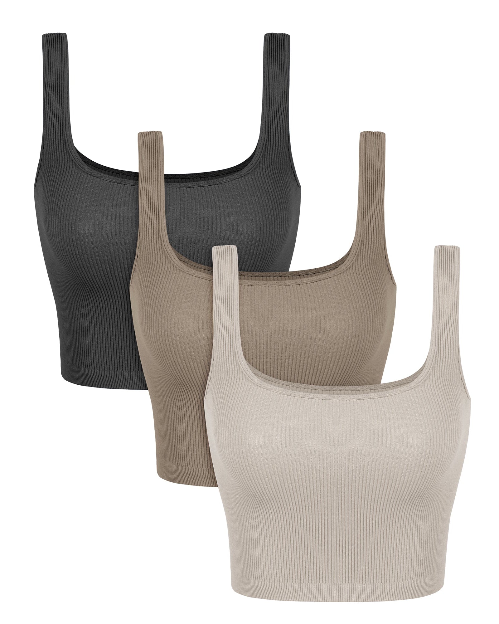 3-Pack Long Crop Length Seamless Square Neck Ribbed Knit Tank Brunette+oatmeal+taupe - ododos