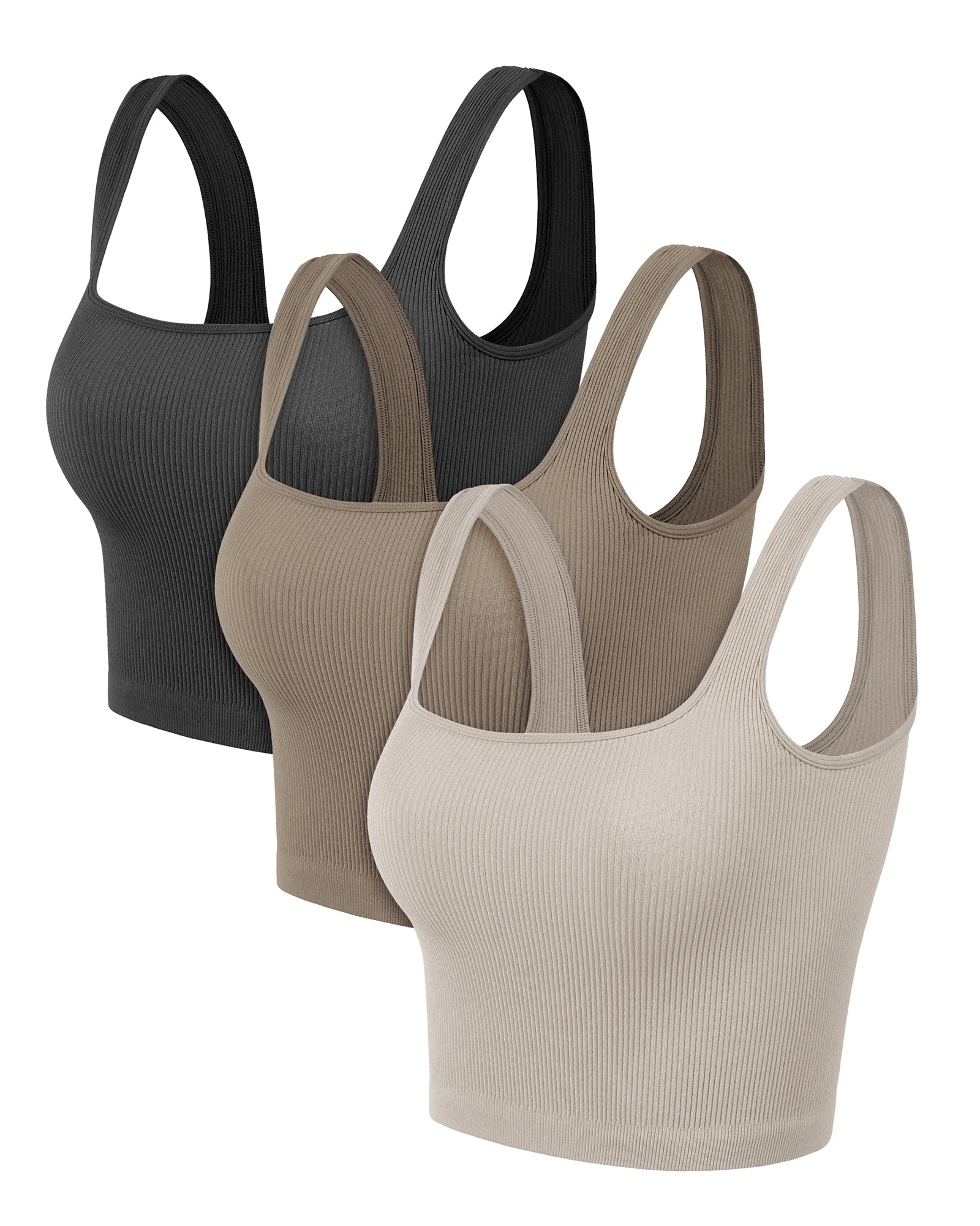 3-Pack Long Crop Length Seamless Square Neck Ribbed Knit Tank - ododos