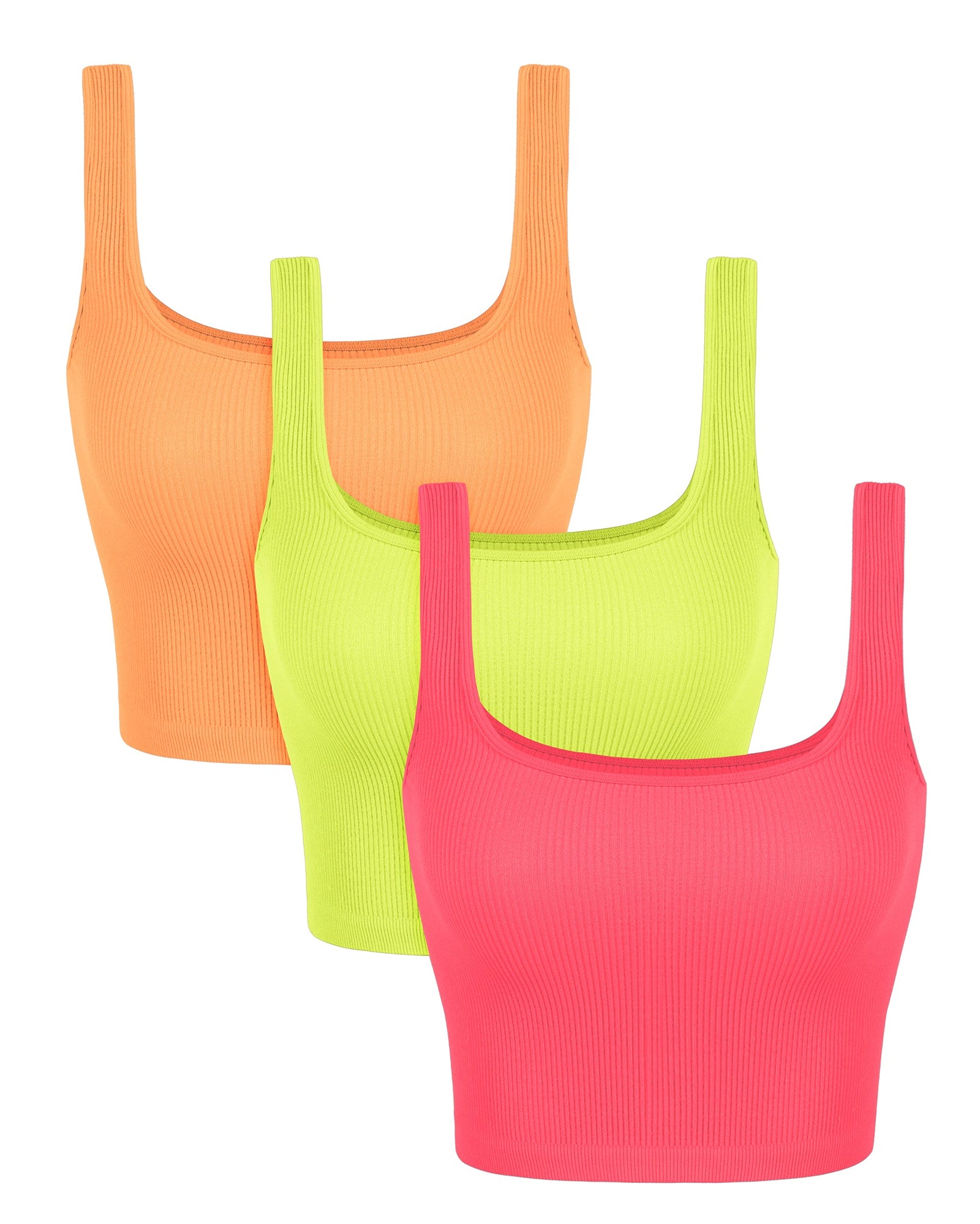 3-Pack Long Crop Length Seamless Square Neck Ribbed Knit Tank Neon Pink+green+orange - ododos