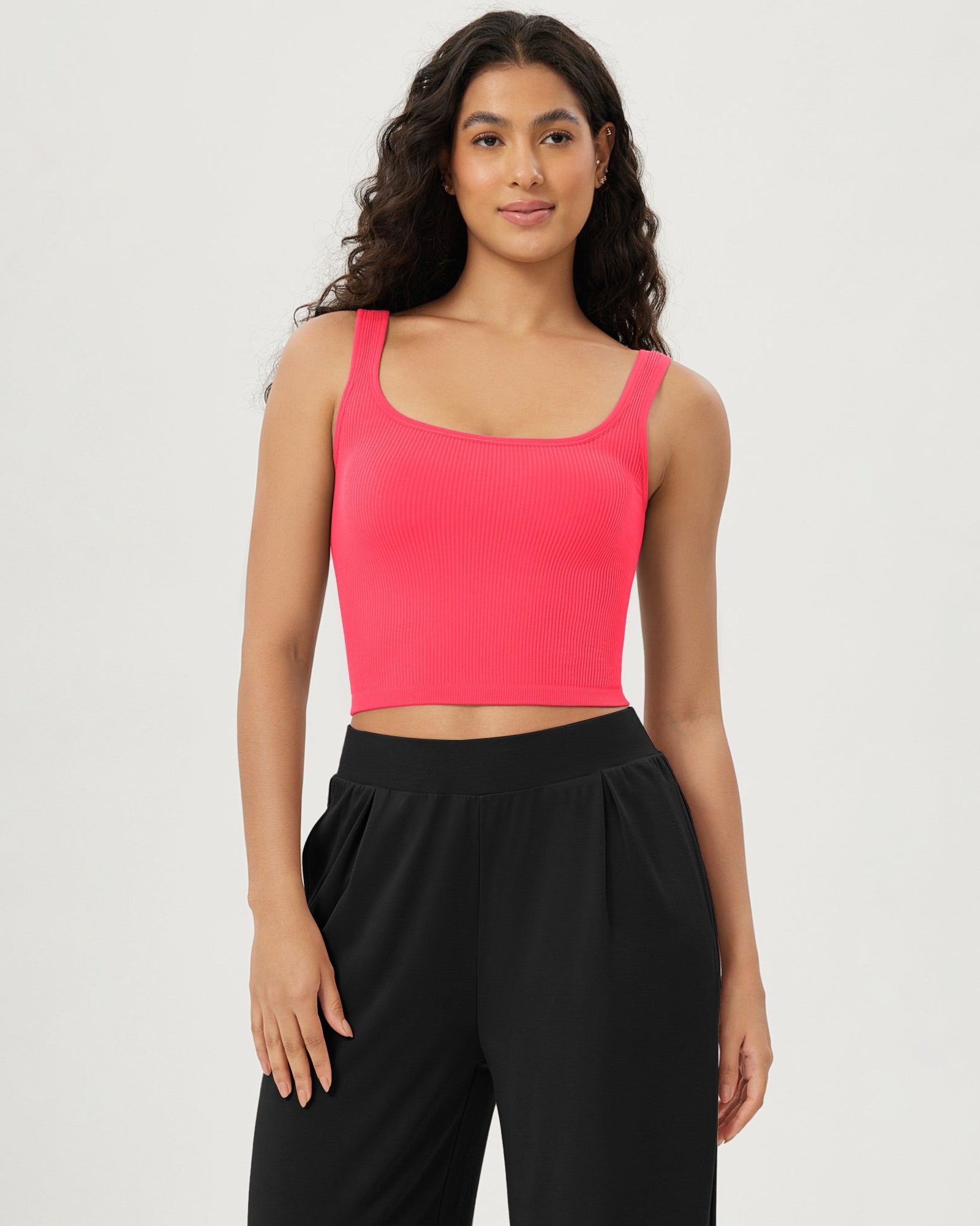 3-Pack Long Crop Length Seamless Square Neck Ribbed Knit Tank - ododos